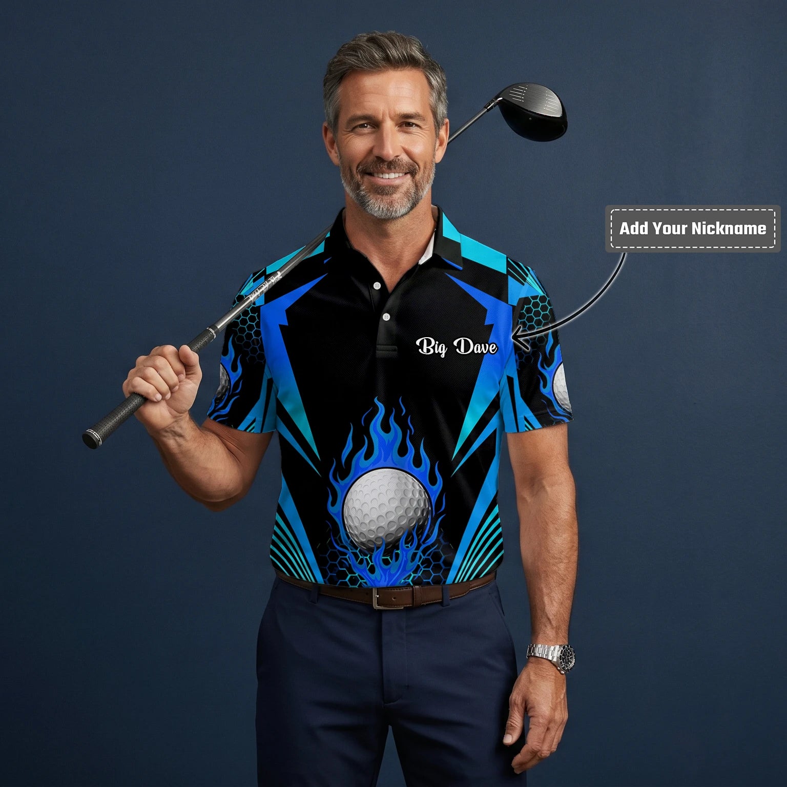 Personalised Black Blue Flaming Golf Ball Golf Polo Shirt For Men Y8576