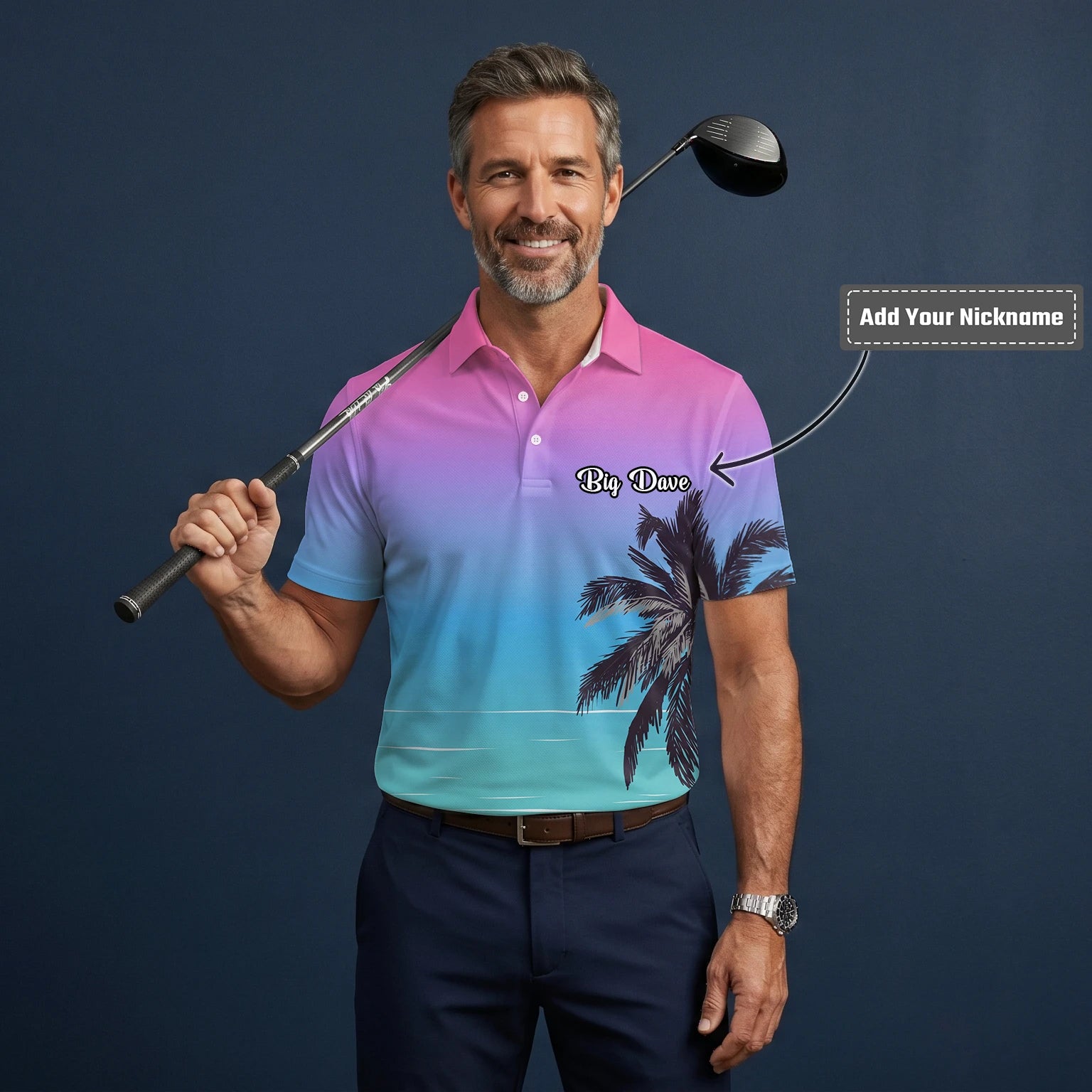 Personalised Pink Blue Palm Beach Sunset Golf Polo Shirt For Men Q3519