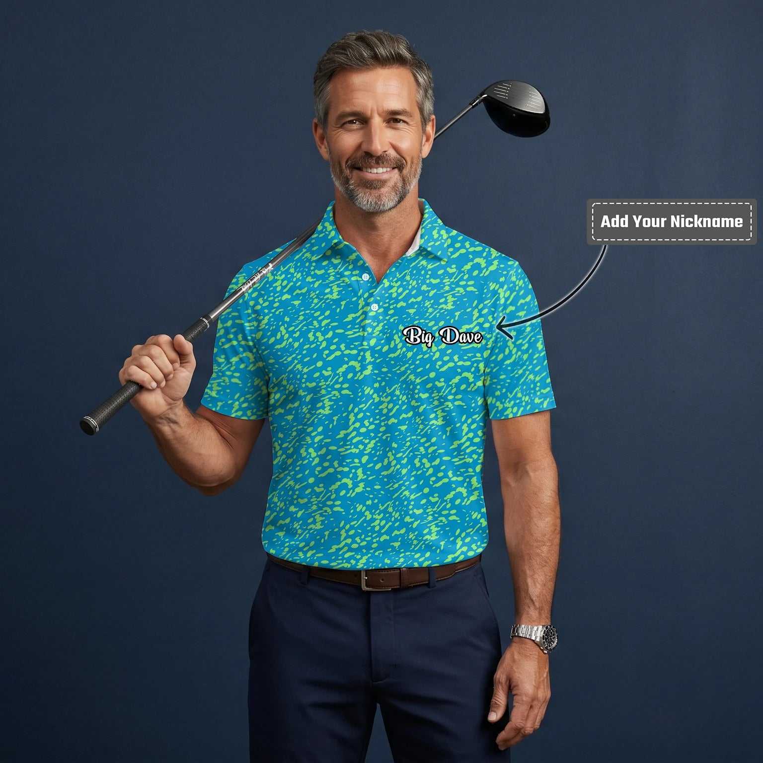 Personalised Turquoise Lime Paint Splatter Golf Polo Shirt For Men G8287