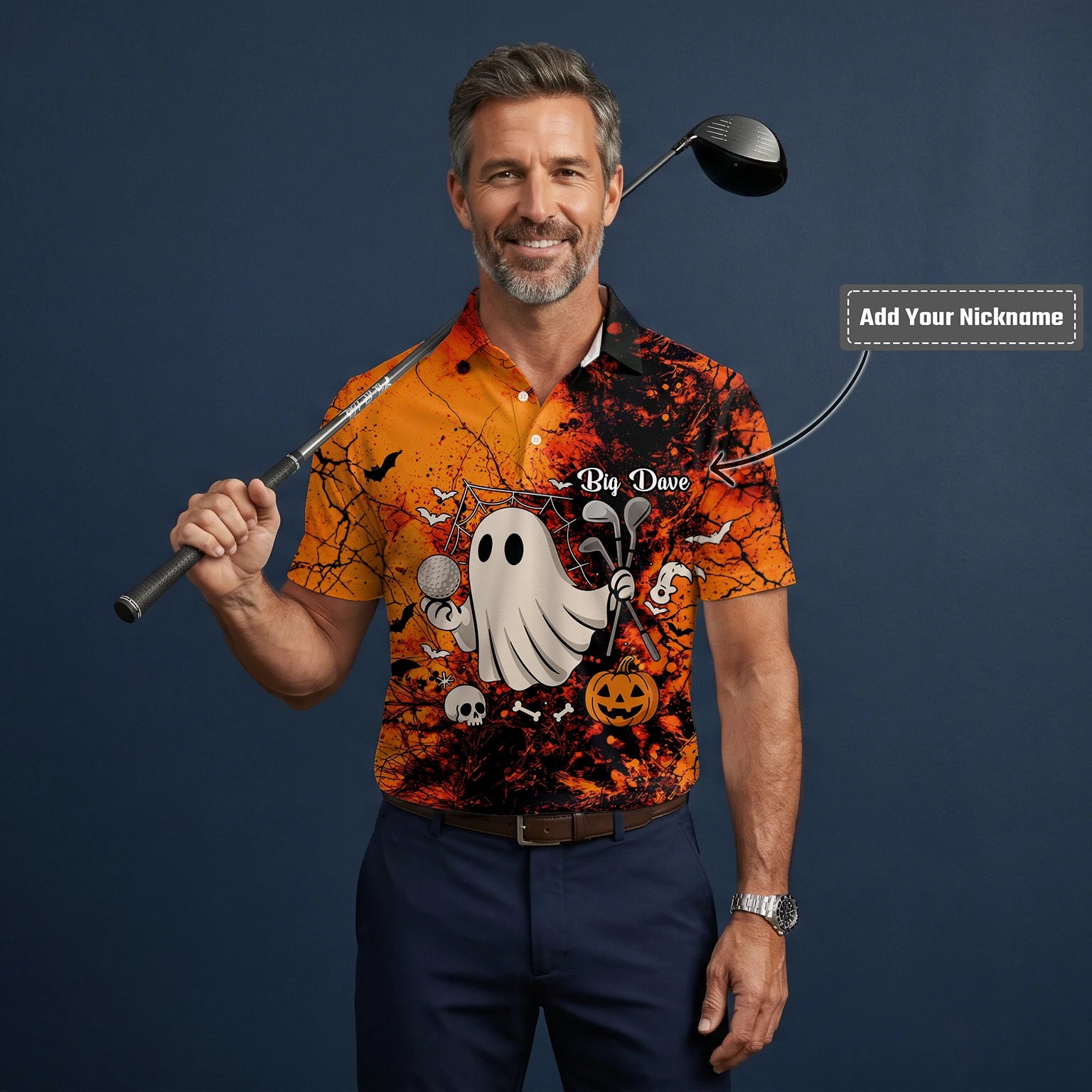 Personalised Orange Halloween Ghost Golfer Golf Polo Shirt For Men M0695
