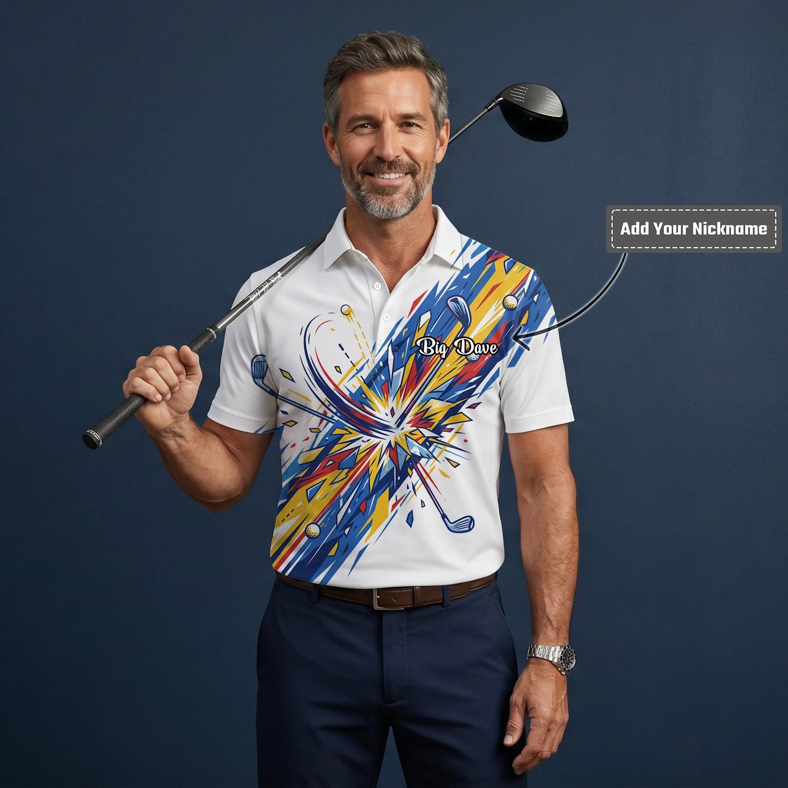 Personalised White Blue Abstract Golf Swing Burst Golf Polo Shirt For Men B2869