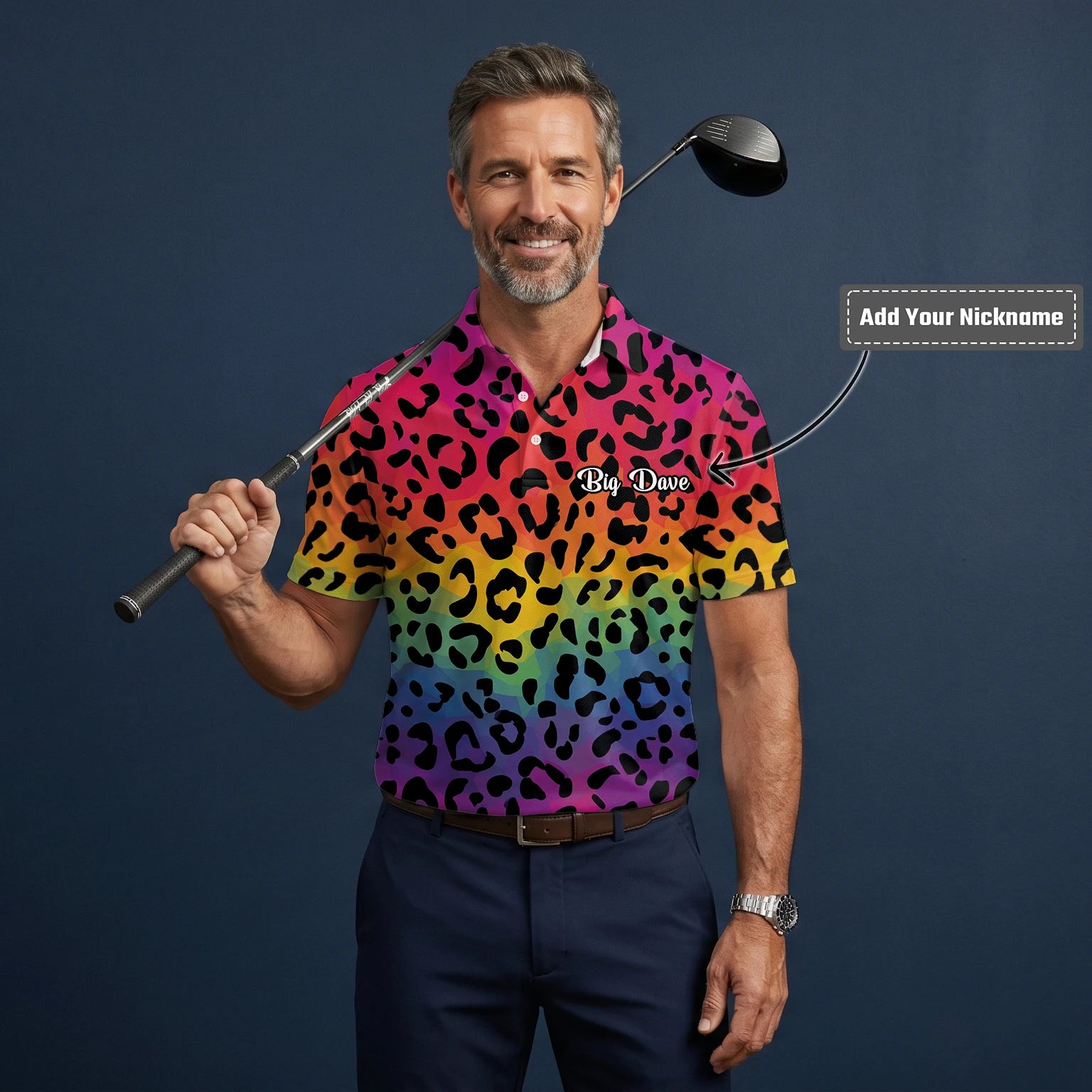 Personalised Rainbow Leopard Print Golf Polo Shirt For Men X1632