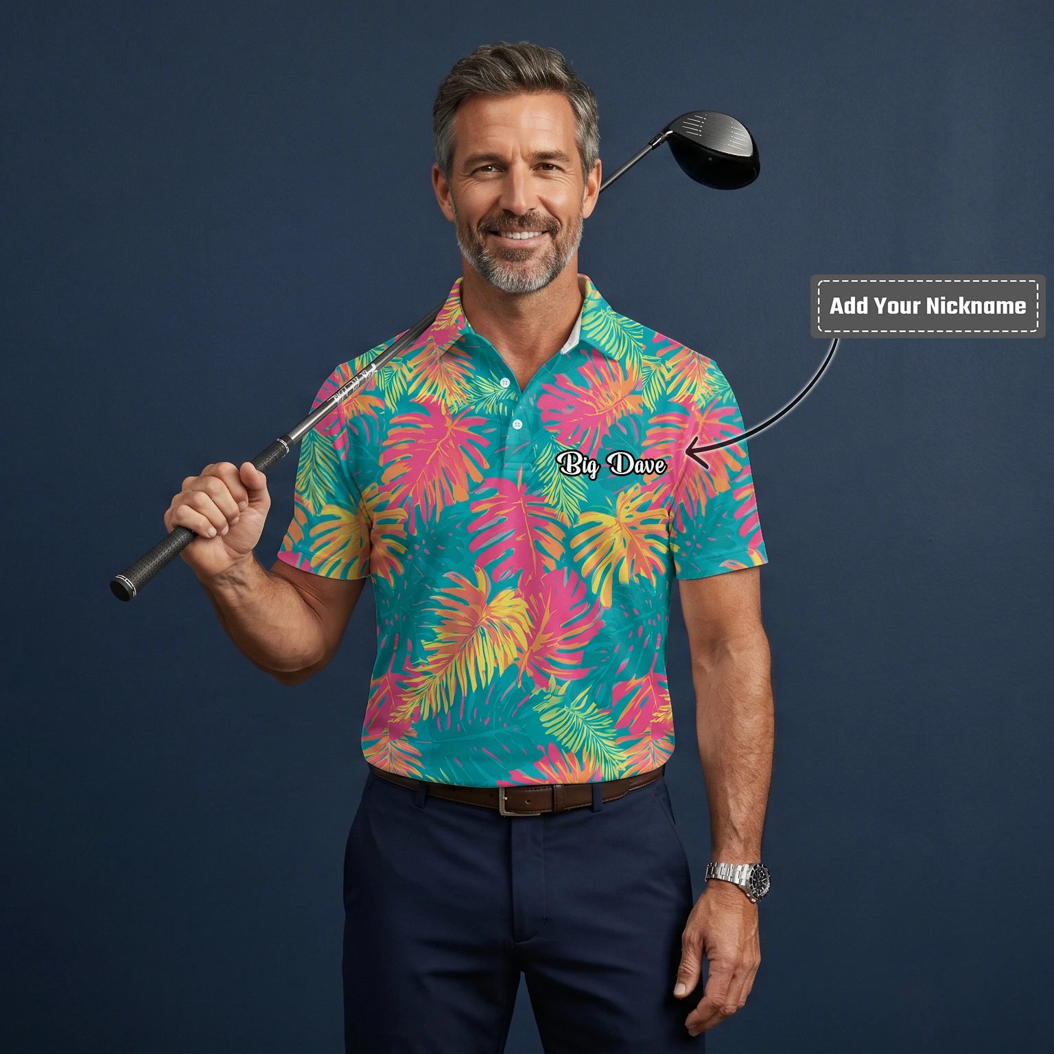 Personalised Teal Coral Tropical Leaf Golf Polo Shirt For Men H8937