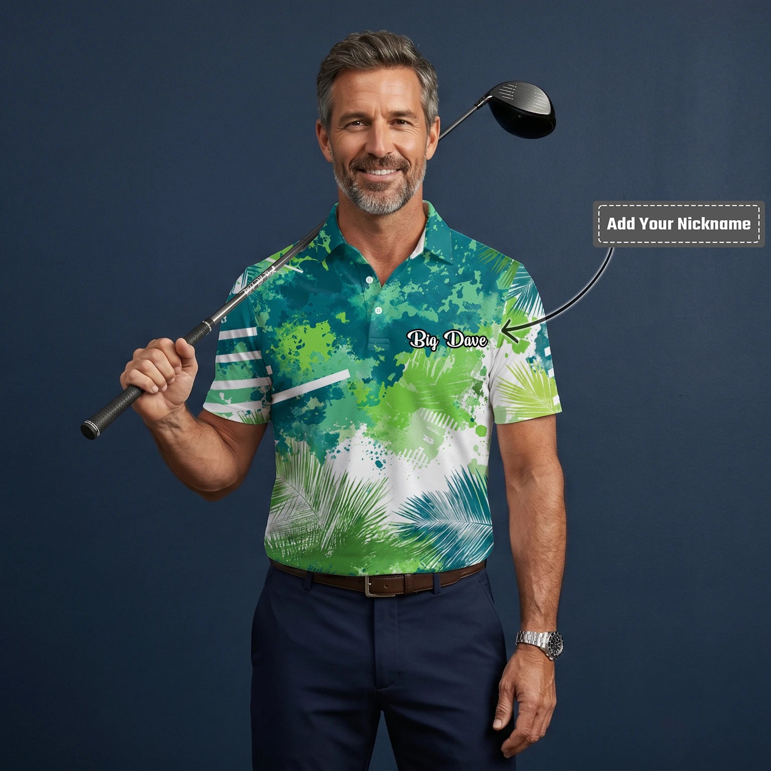 Personalised Green Blue Tropical Leaf Paint Splash Golf Polo Shirt For Men B7869