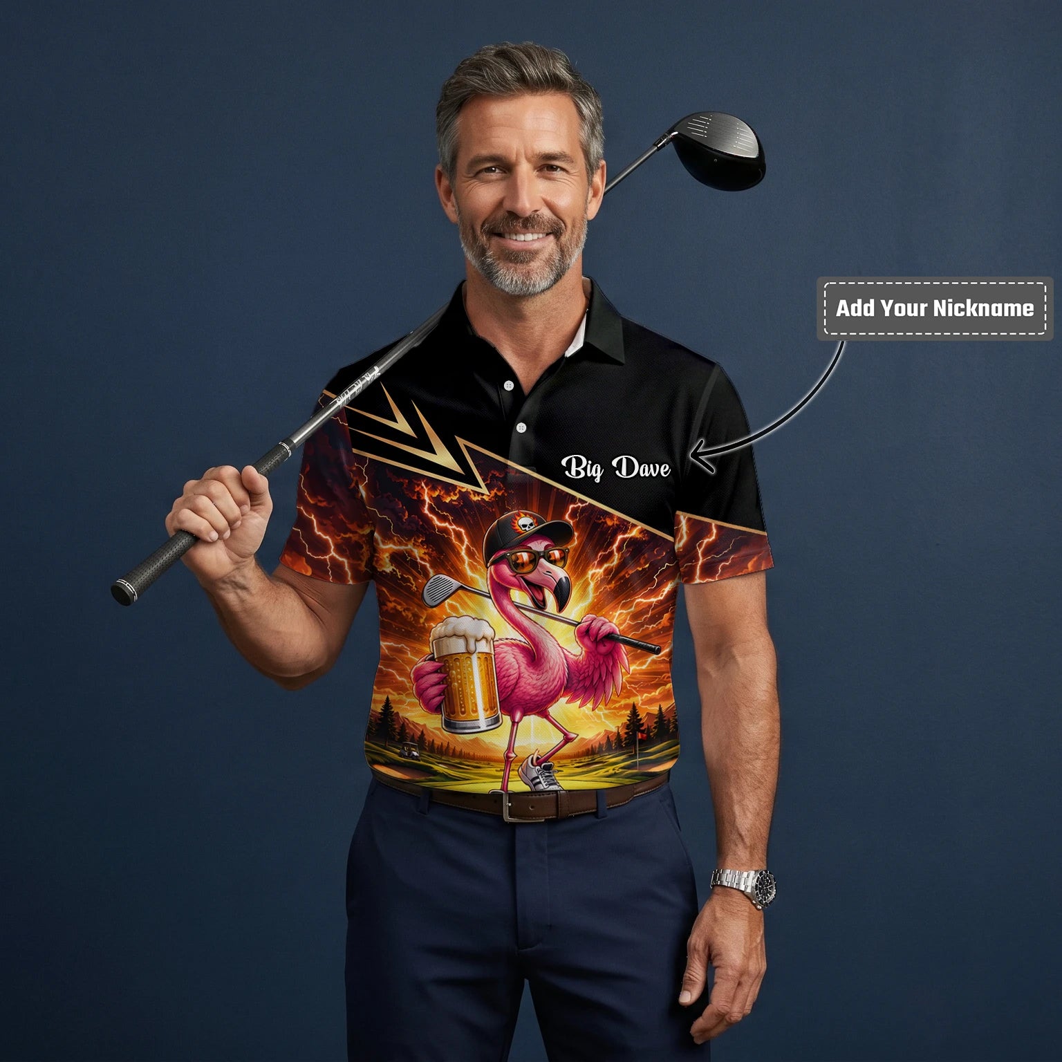 Personalised Black Orange Flamingo Beer Golfer Lightning Golf Polo Shirt For Men E3673