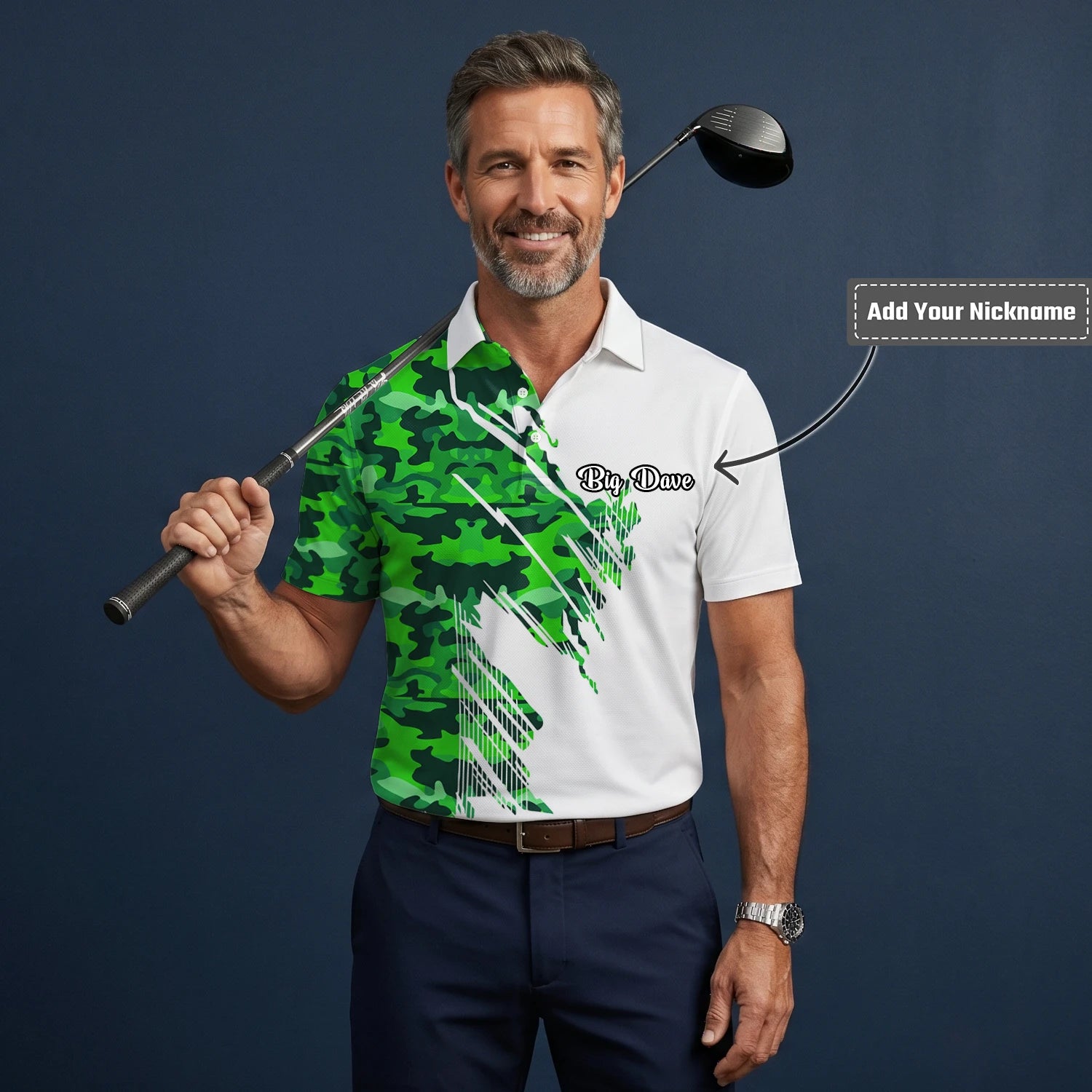 Personalised White Green Camo Brush Stripe Golf Polo Shirt For Men E9788
