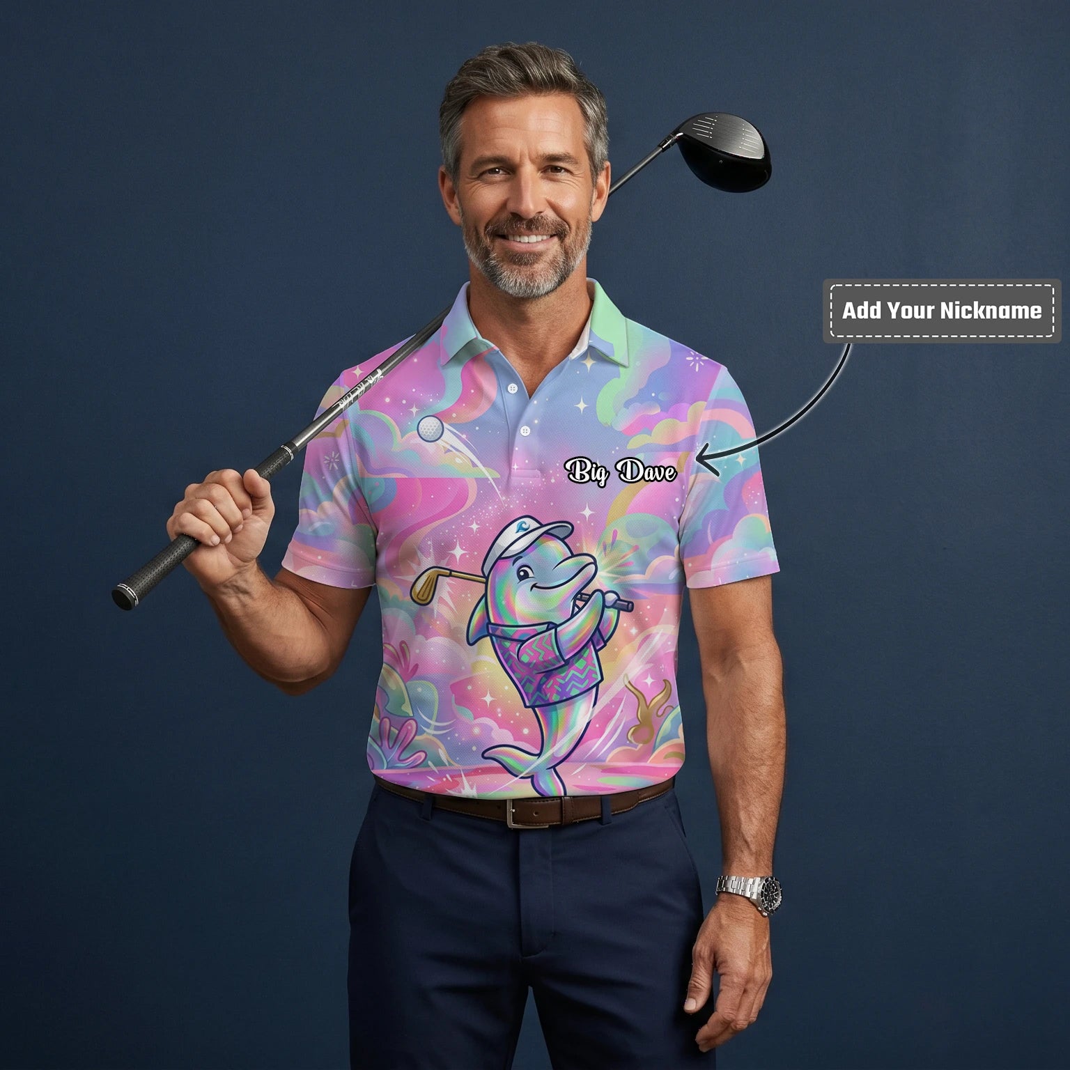 Personalised Pastel Rainbow Dolphin Golfer Cartoon Golf Polo Shirt For Men L3862