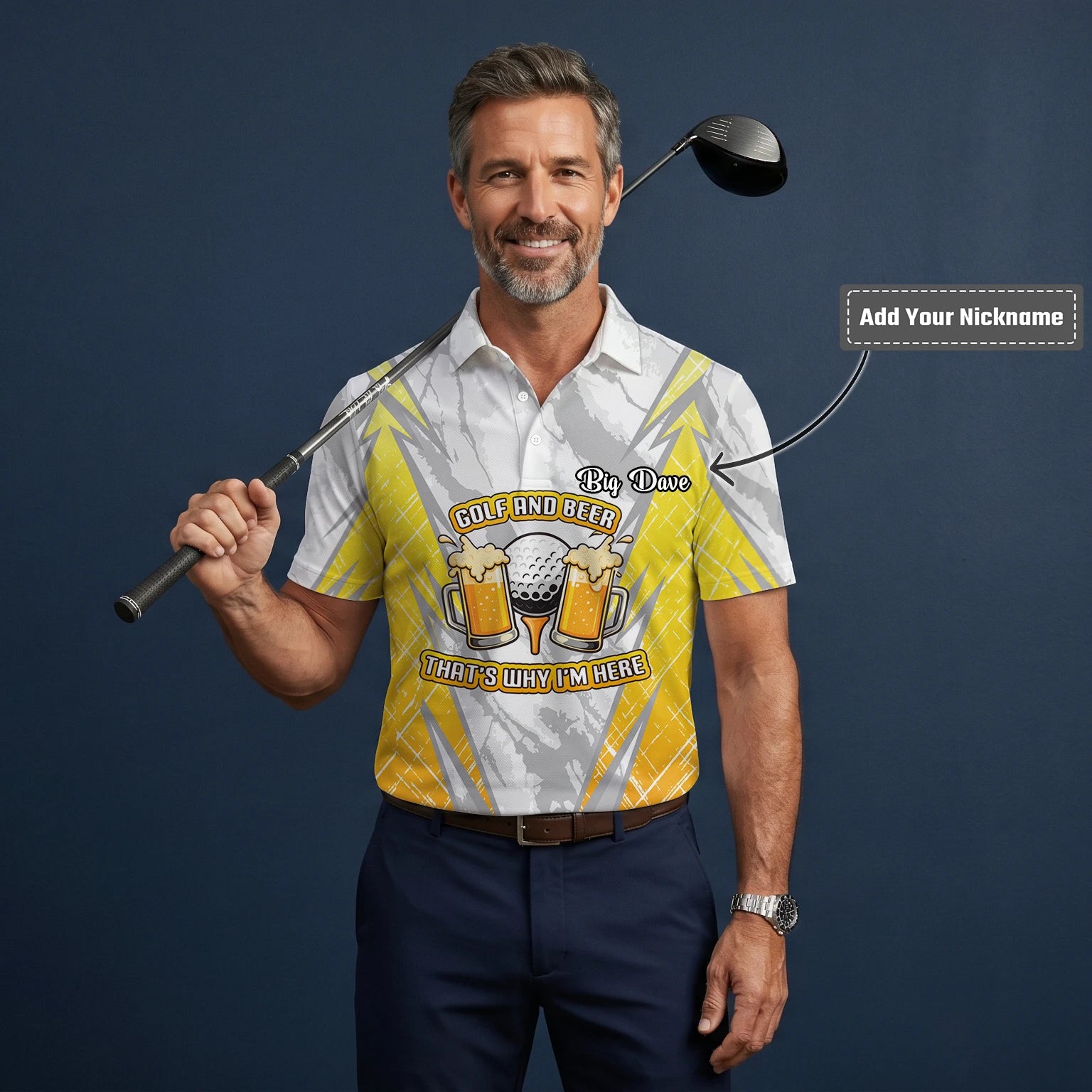 Personalised Grey Yellow Golf And Beer Slogan Golf Polo Shirt For Men P2319