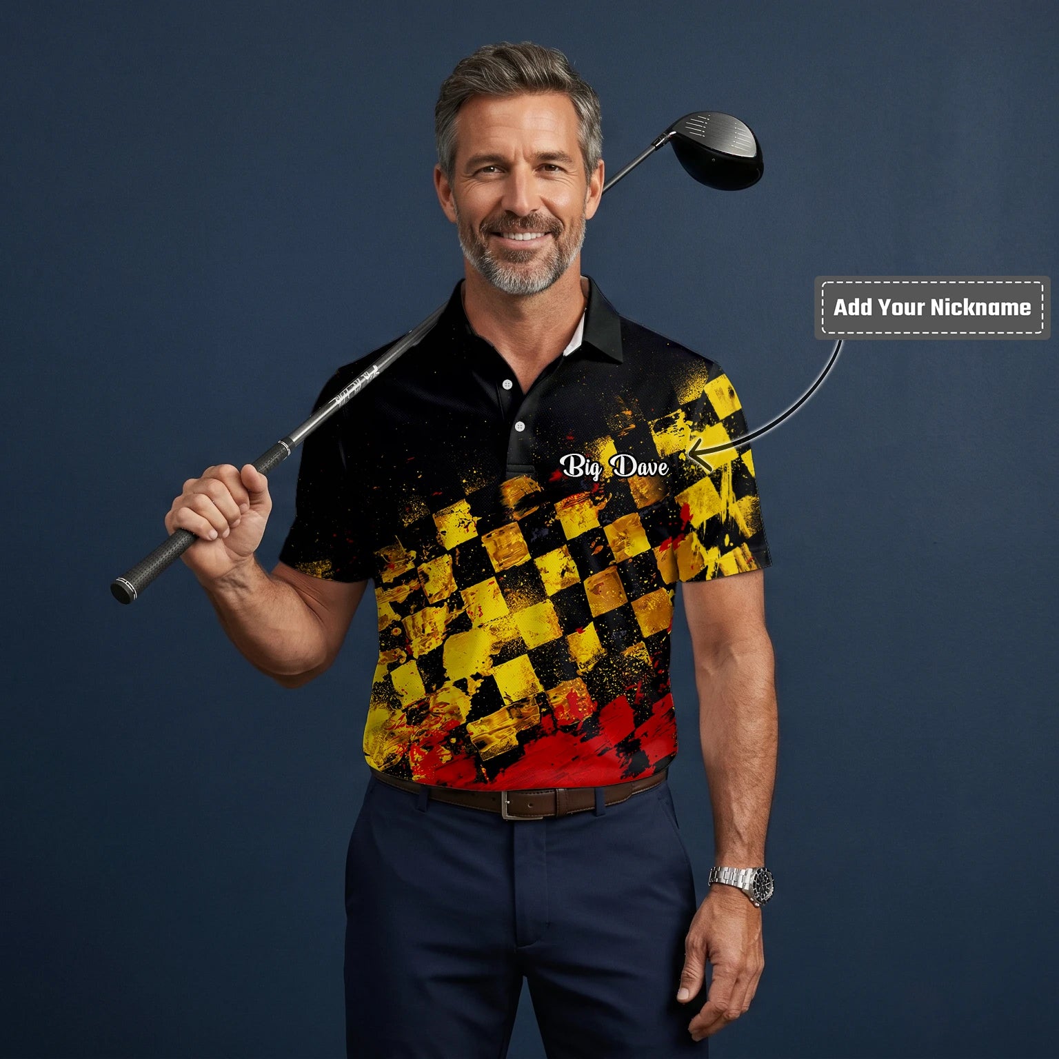 Personalised Black Yellow Red Grunge Checkerboard Golf Polo Shirt For Men R0396