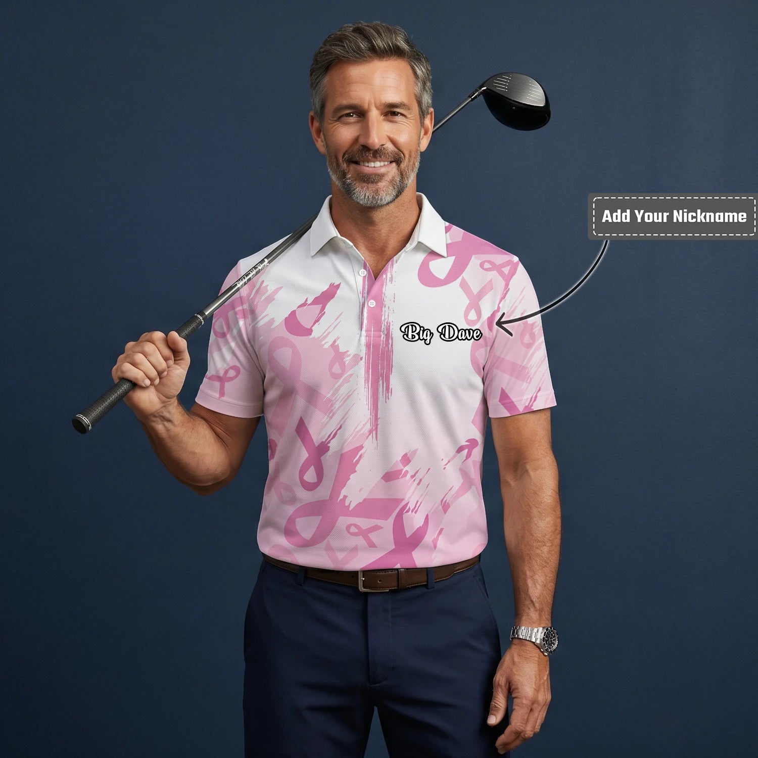 Personalised White Pink Breast Cancer Awareness Ribbon Brush Stroke Golf Polo Shirt For Men U4702