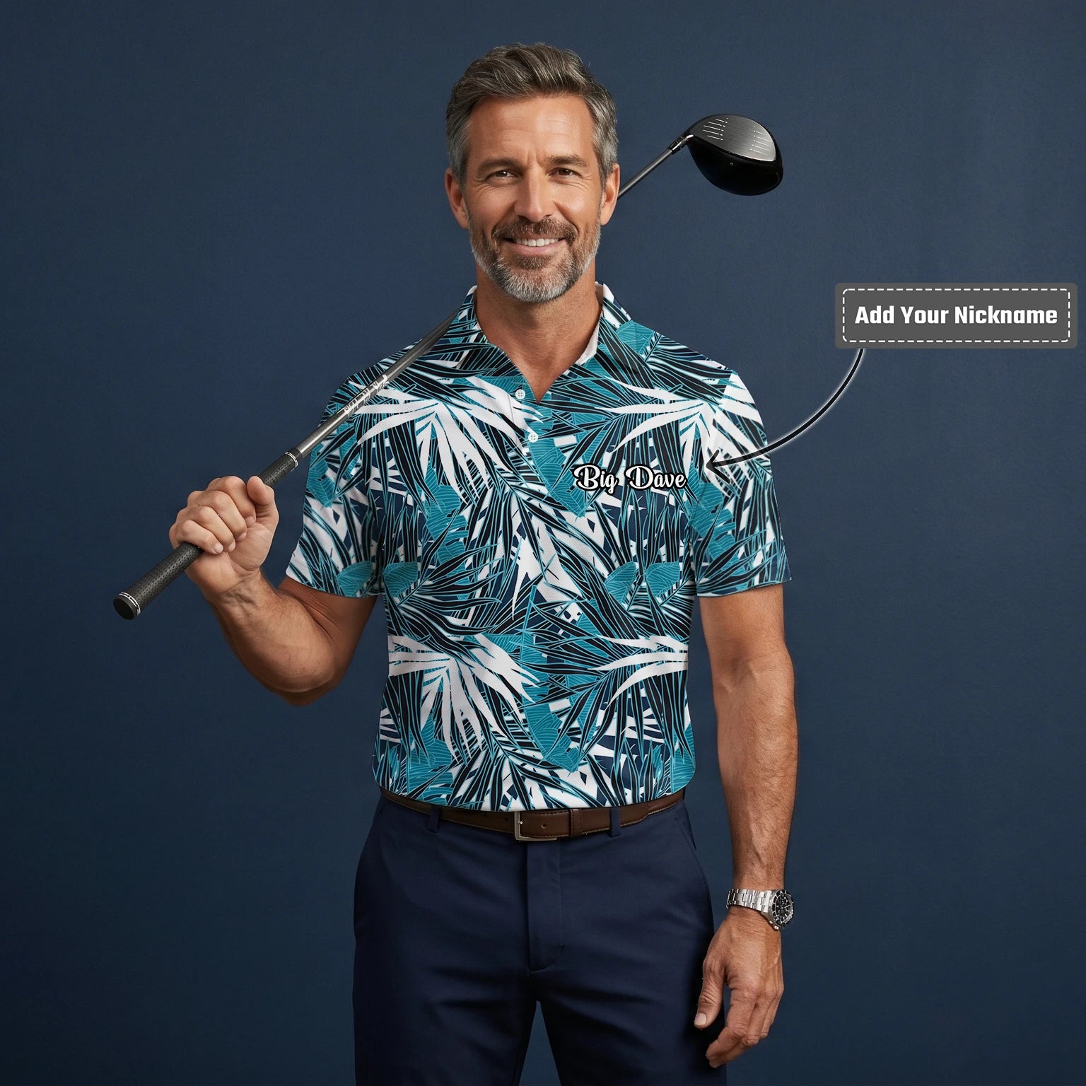 Personalised Teal Black White Palm Leaf Golf Polo Shirt For Men S8543