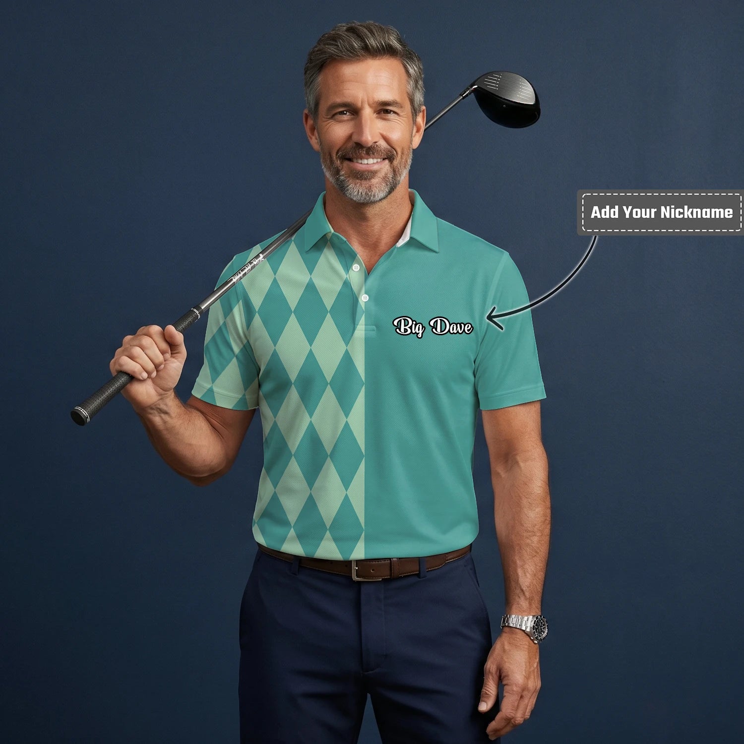 Personalised Teal Mint Argyle Golf Polo Shirt For Men A8483