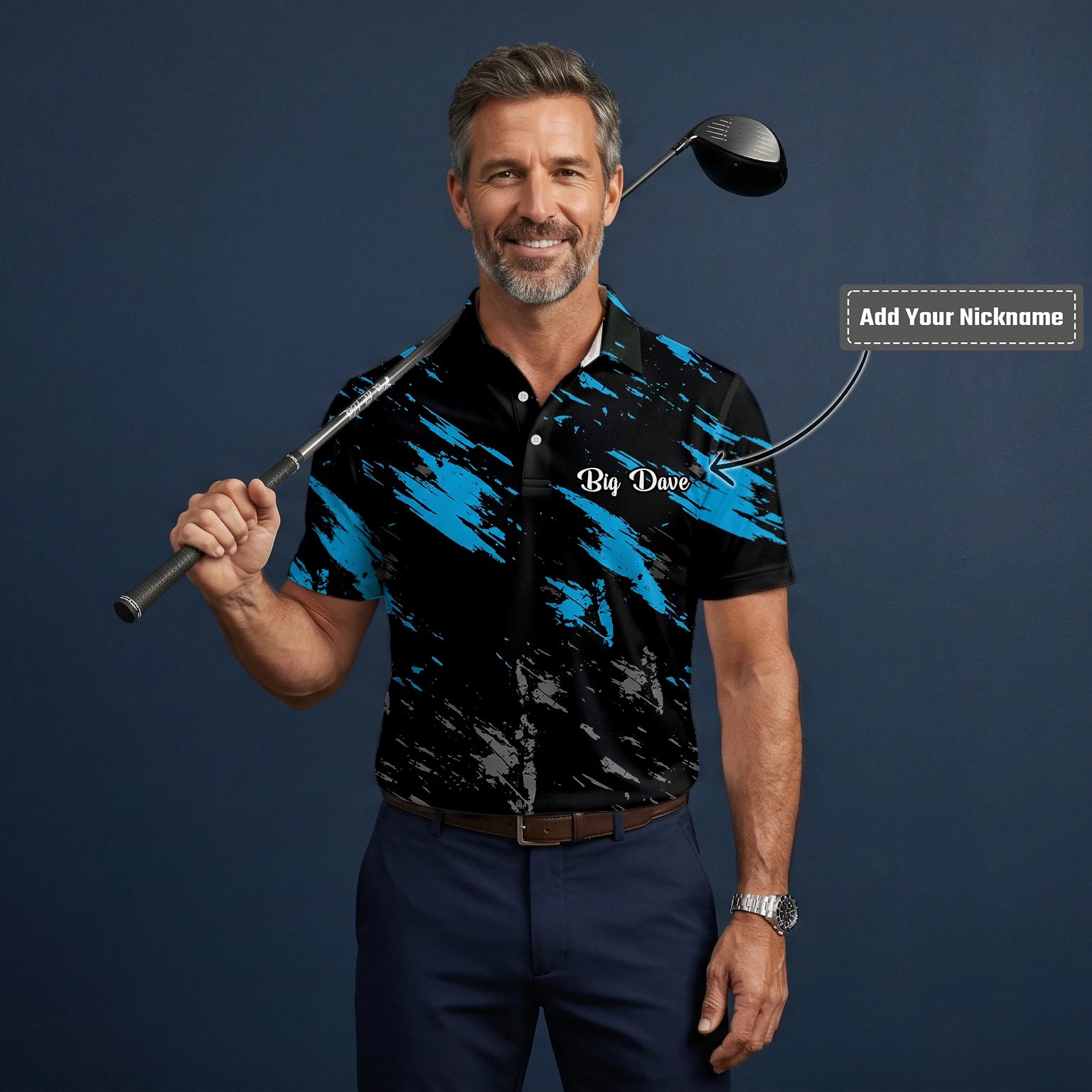 Personalised Black Blue Brush Stroke Golf Polo Shirt For Men H3779