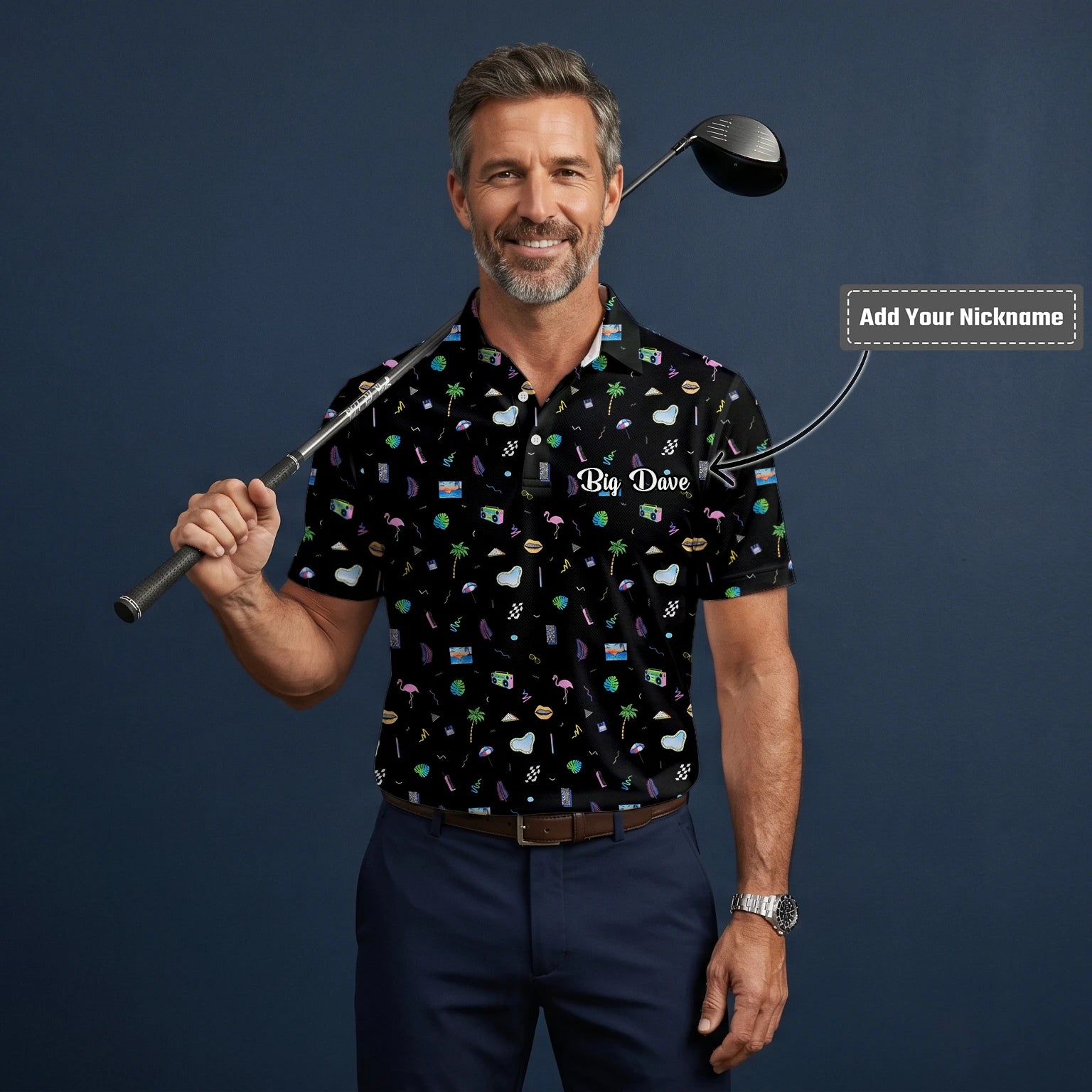 Personalised Black Holiday Travel Doodle Golf Polo Shirt For Men V7883