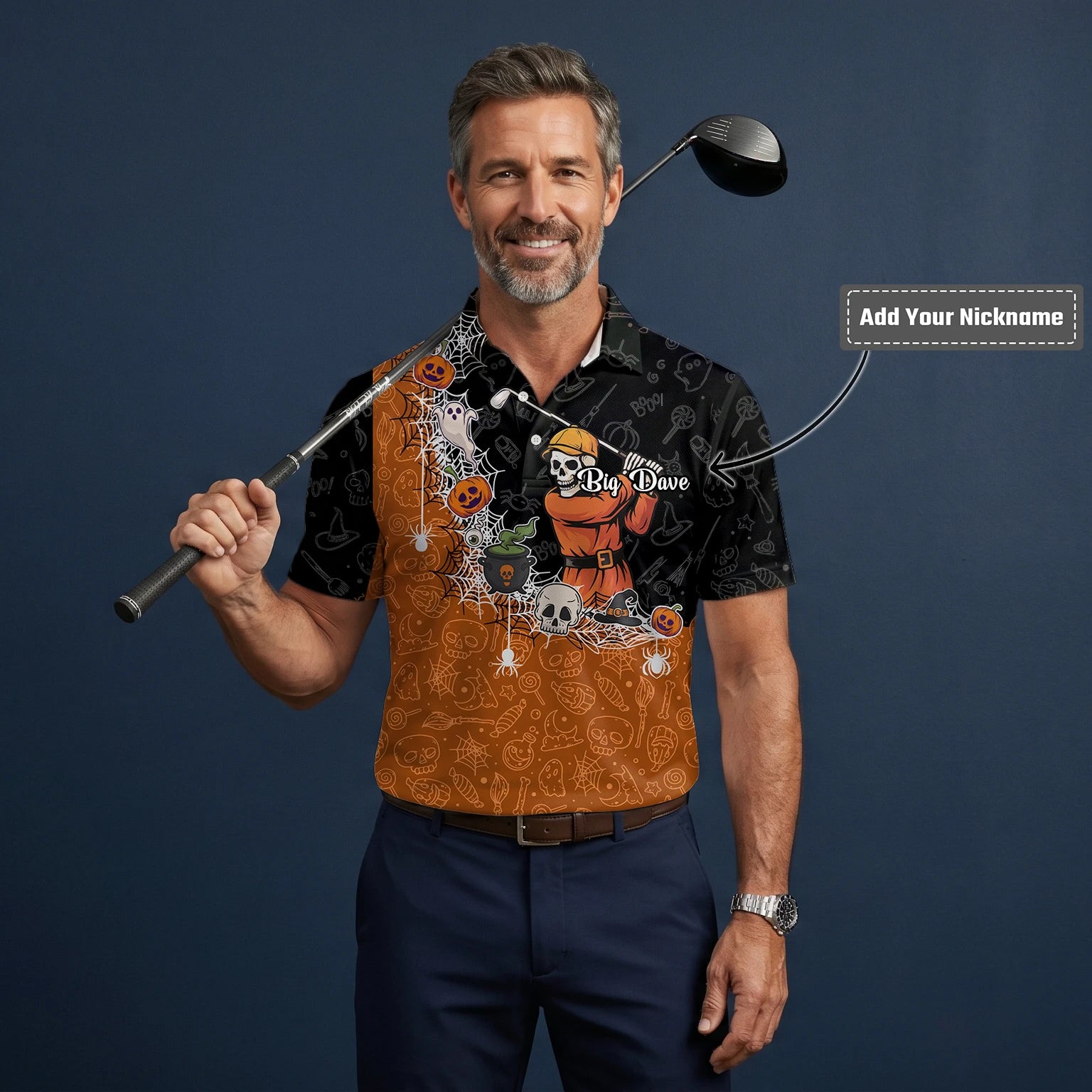 Personalised Black Orange Halloween Skeleton Golfer Web Golf Polo Shirt For Men Y5076