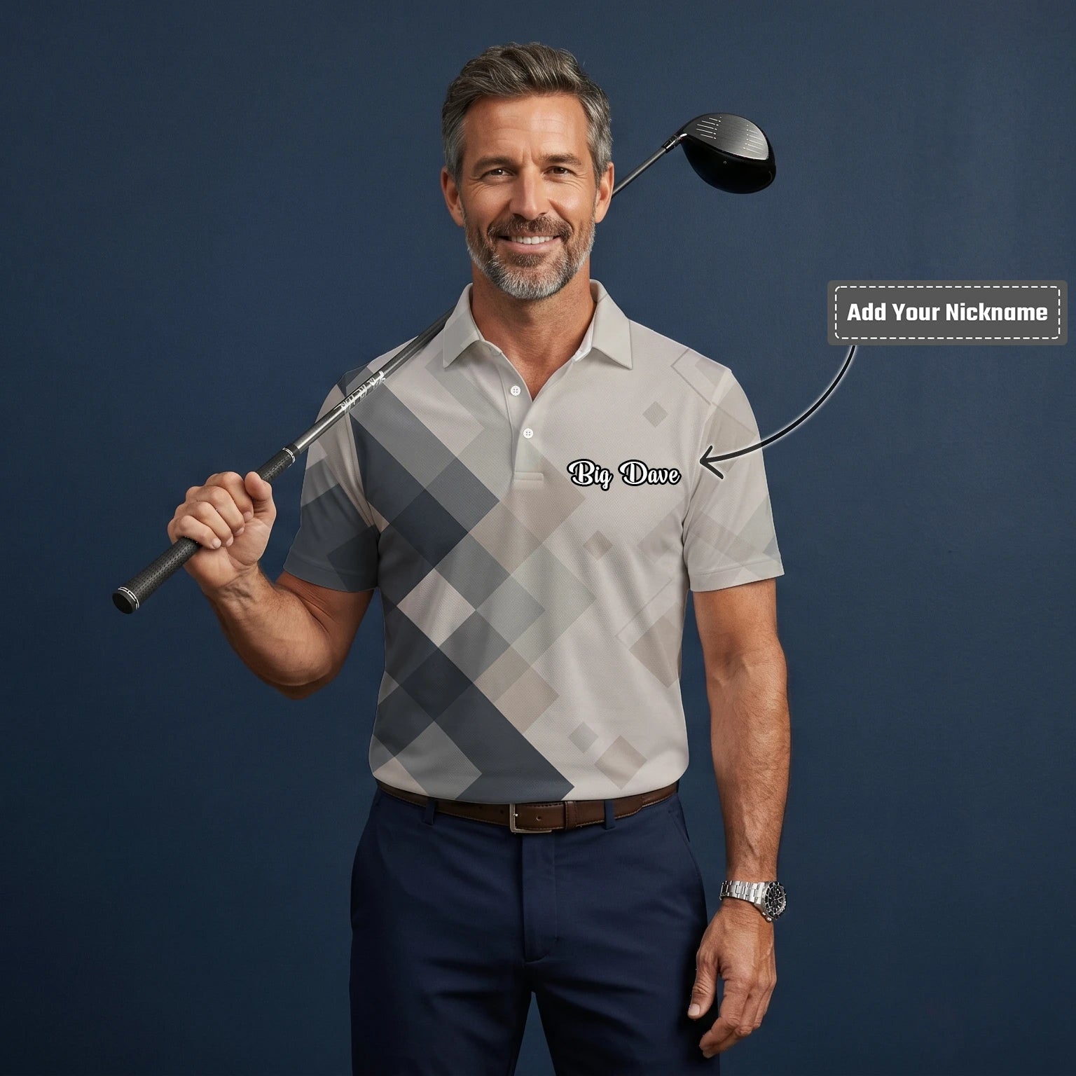 Personalised Beige Grey Argyle Golf Polo Shirt For Men Z6499