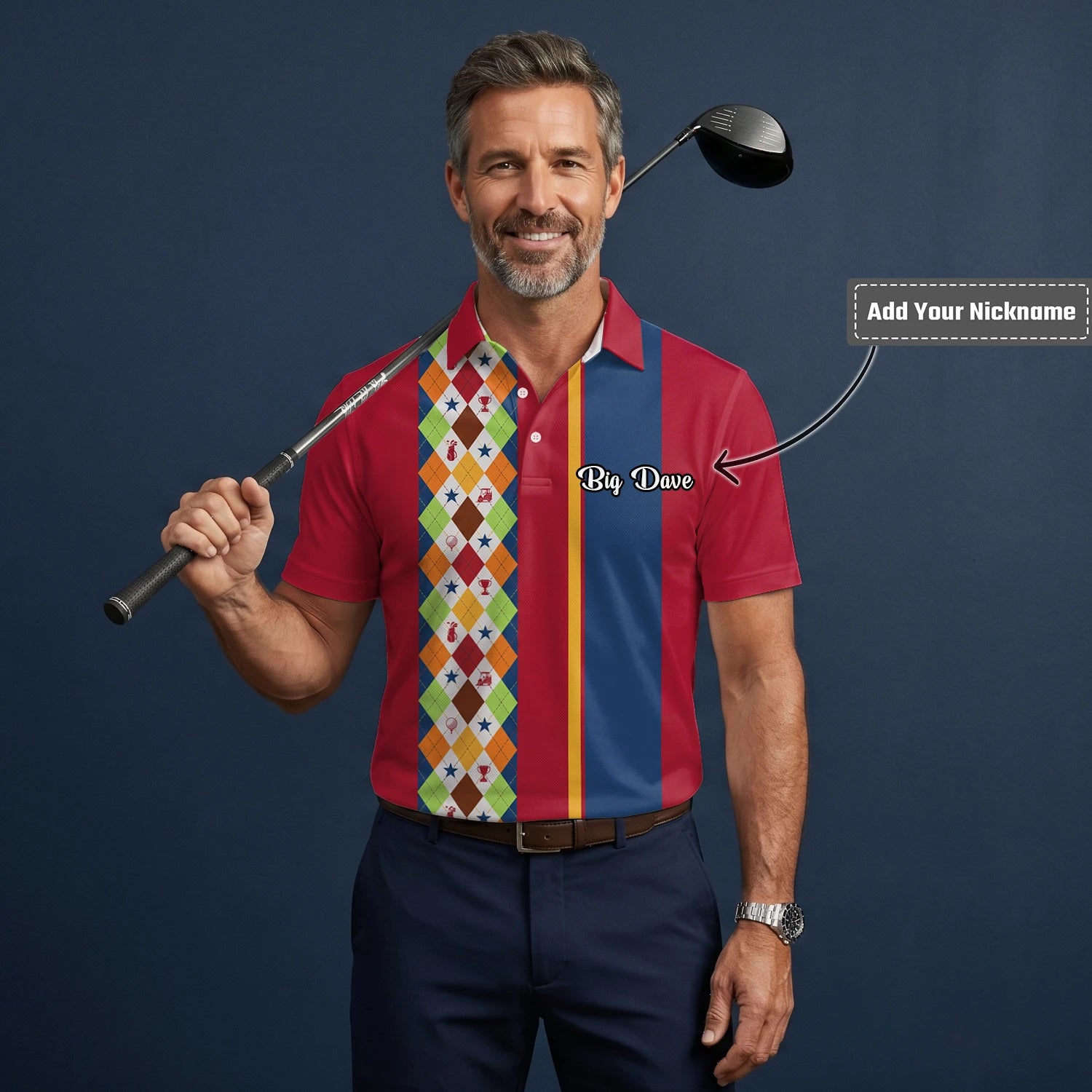 Personalised Red Blue Colourful Argyle Golf Polo Shirt For Men V1769