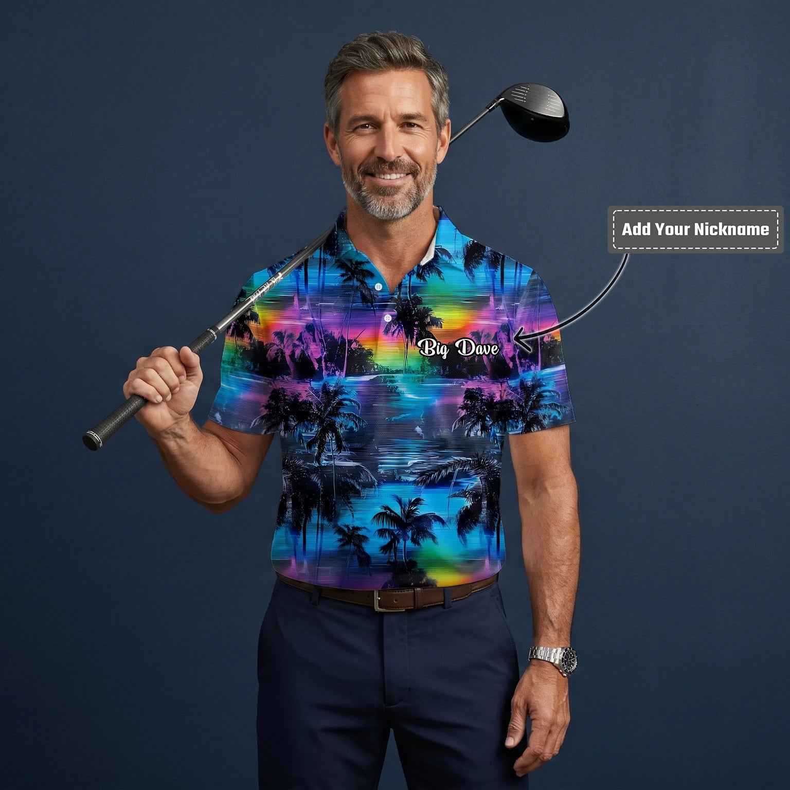 Personalised Blue Purple Palm Sunset Golf Polo Shirt For Men K8435