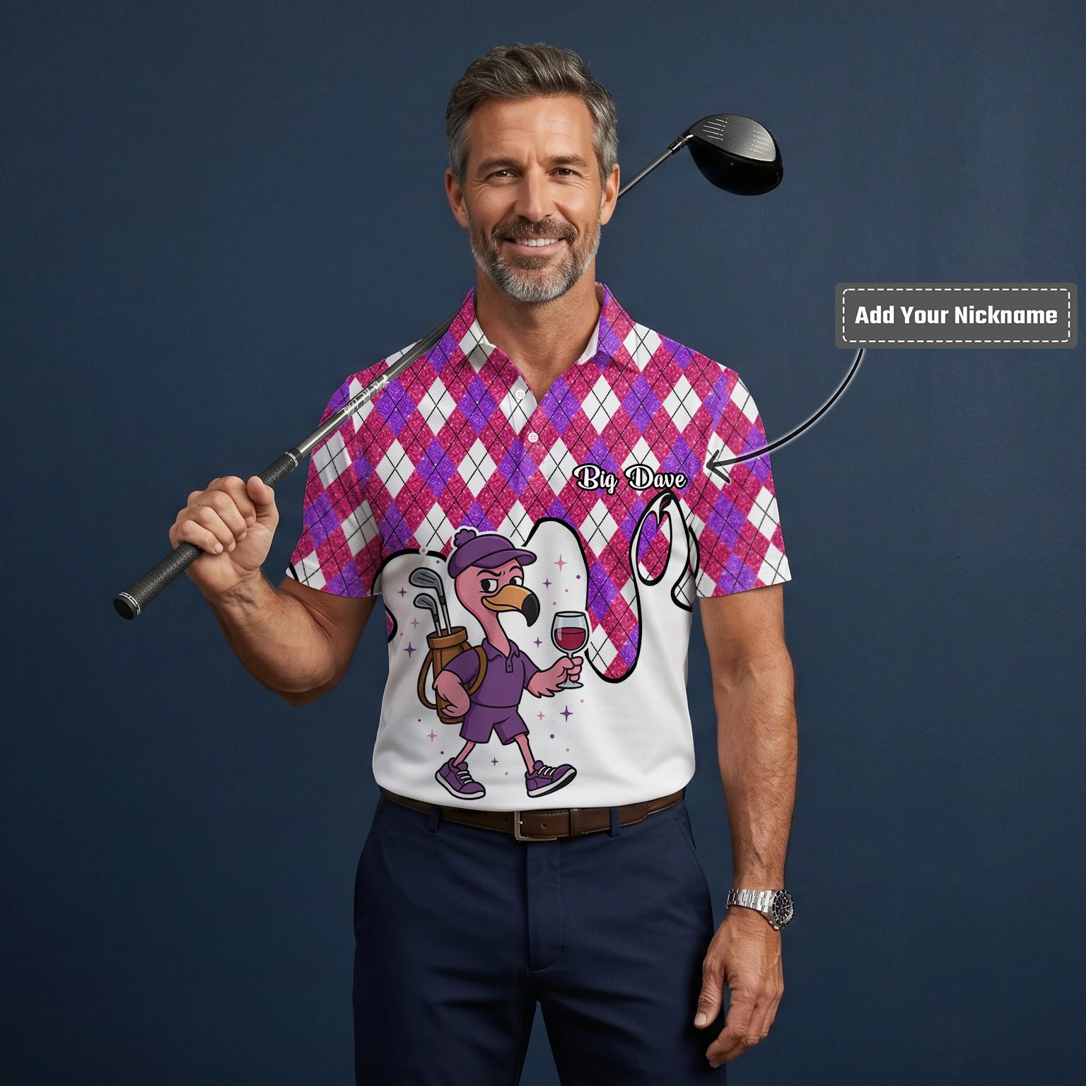Personalised Pink Purple Argyle Ostrich Golfer Cartoon Golf Polo Shirt For Men D7000