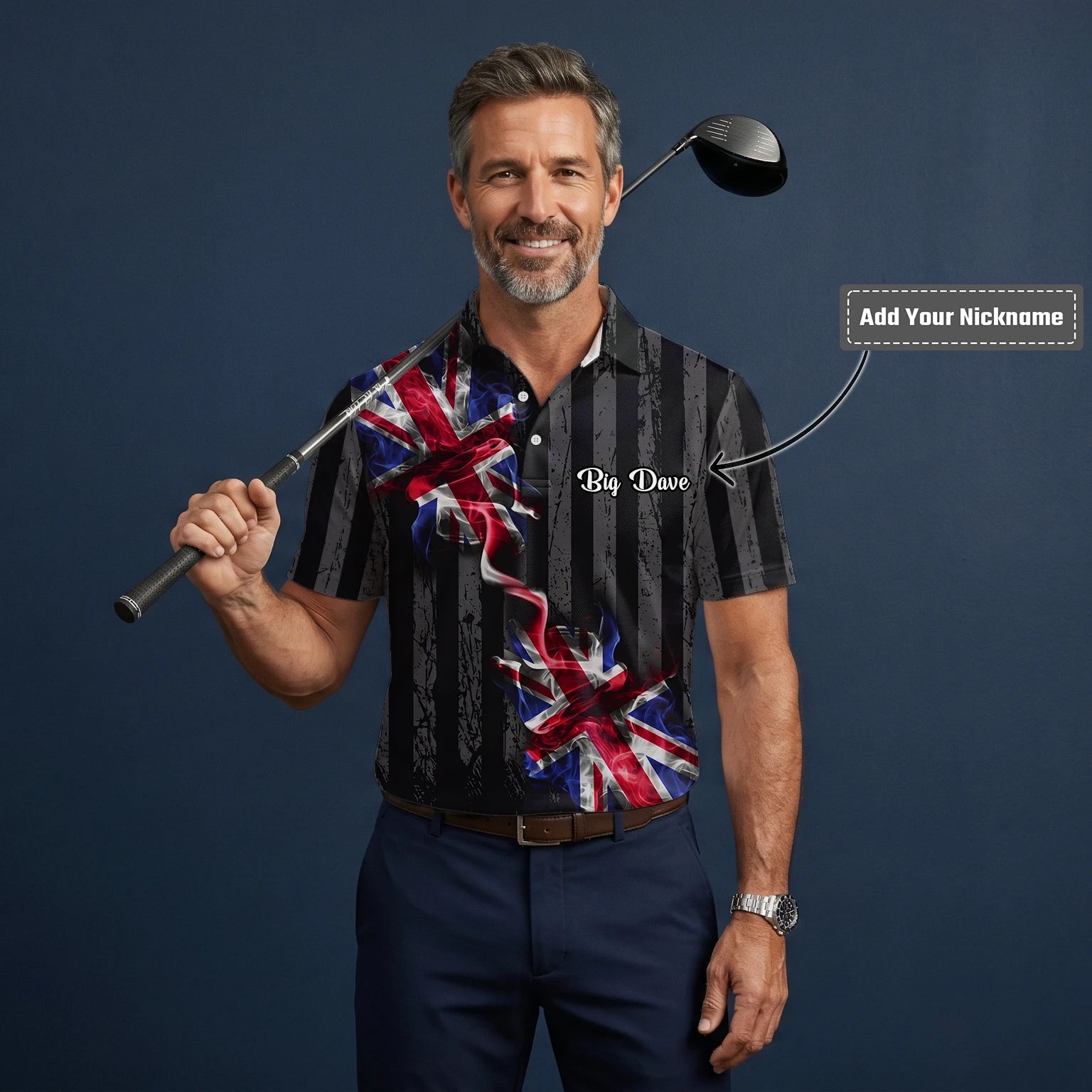 Personalised Black Union Jack Lightning Golf Polo Shirt For Men U9443