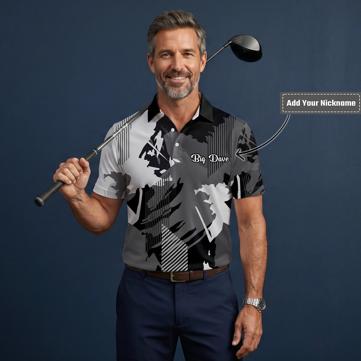 Personalised Grey Black Abstract Brush Stripe Golf Polo Shirt For Men I7293
