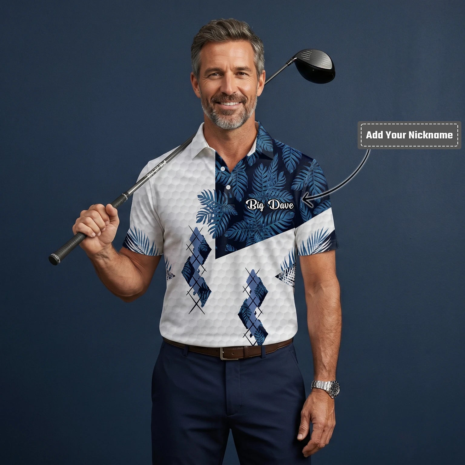 Personalised White Navy Tropical Leaf Argyle Golf Polo Shirt For Men D6549