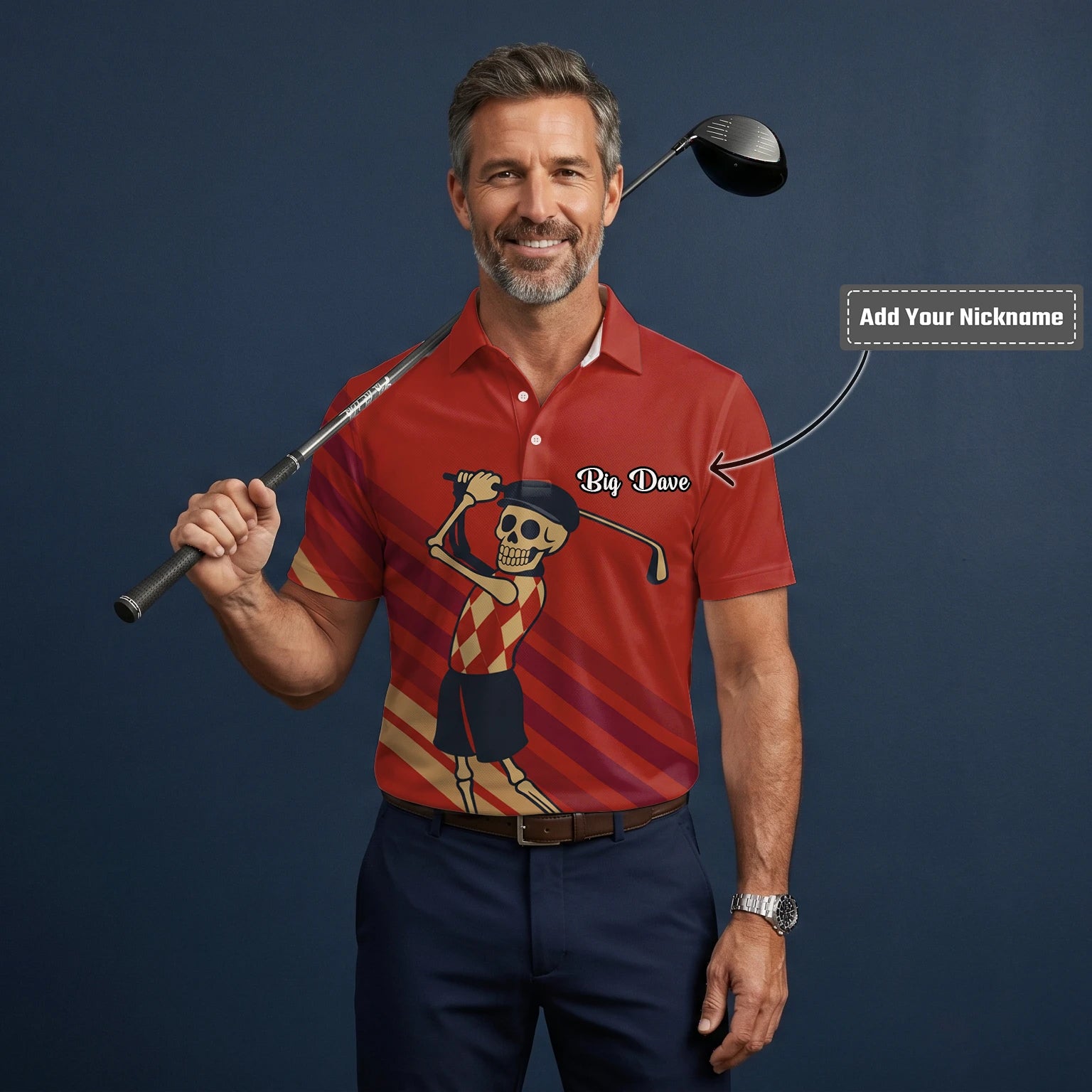 Personalised Red Skeleton Golfer Cartoon Golf Polo Shirt For Men F3648