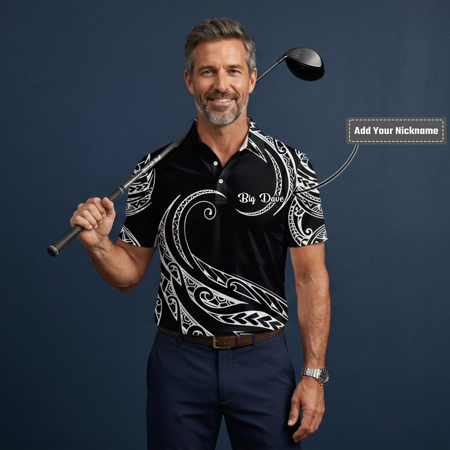 Personalised Black White Tribal Wave Golf Polo Shirt For Men R9560