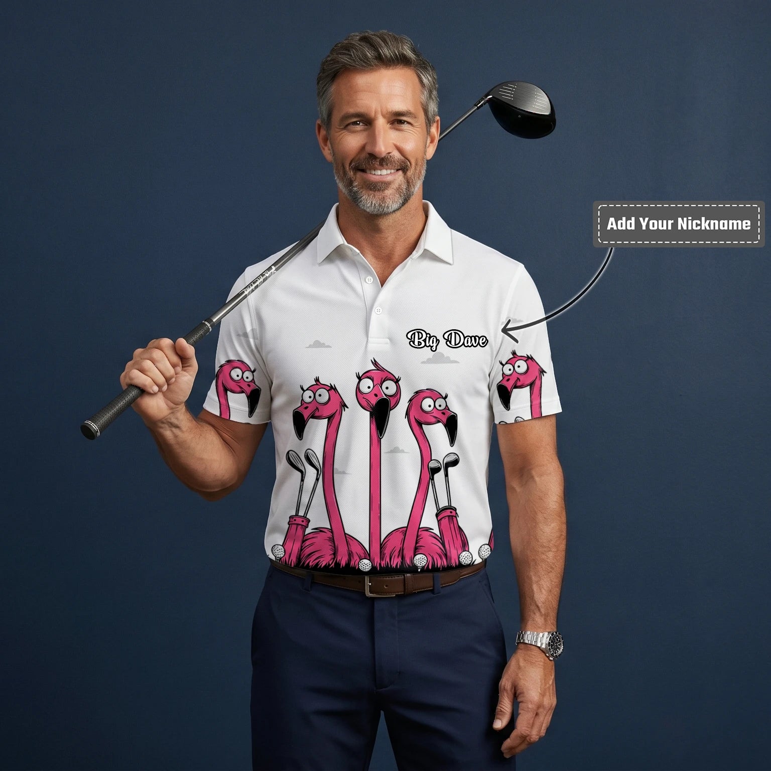 Personalised White Pink Flamingo Cartoon Golf Polo Shirt For Men I6113