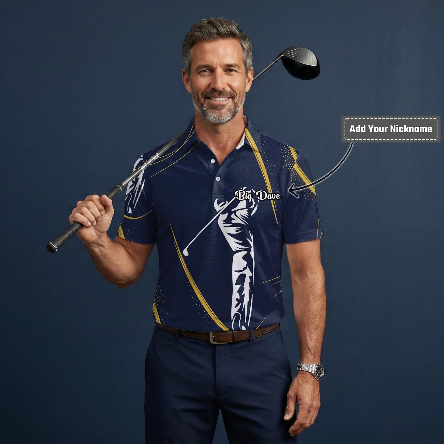 Personalised Navy Gold Golfer Swing Silhouette Golf Polo Shirt For Men A1639
