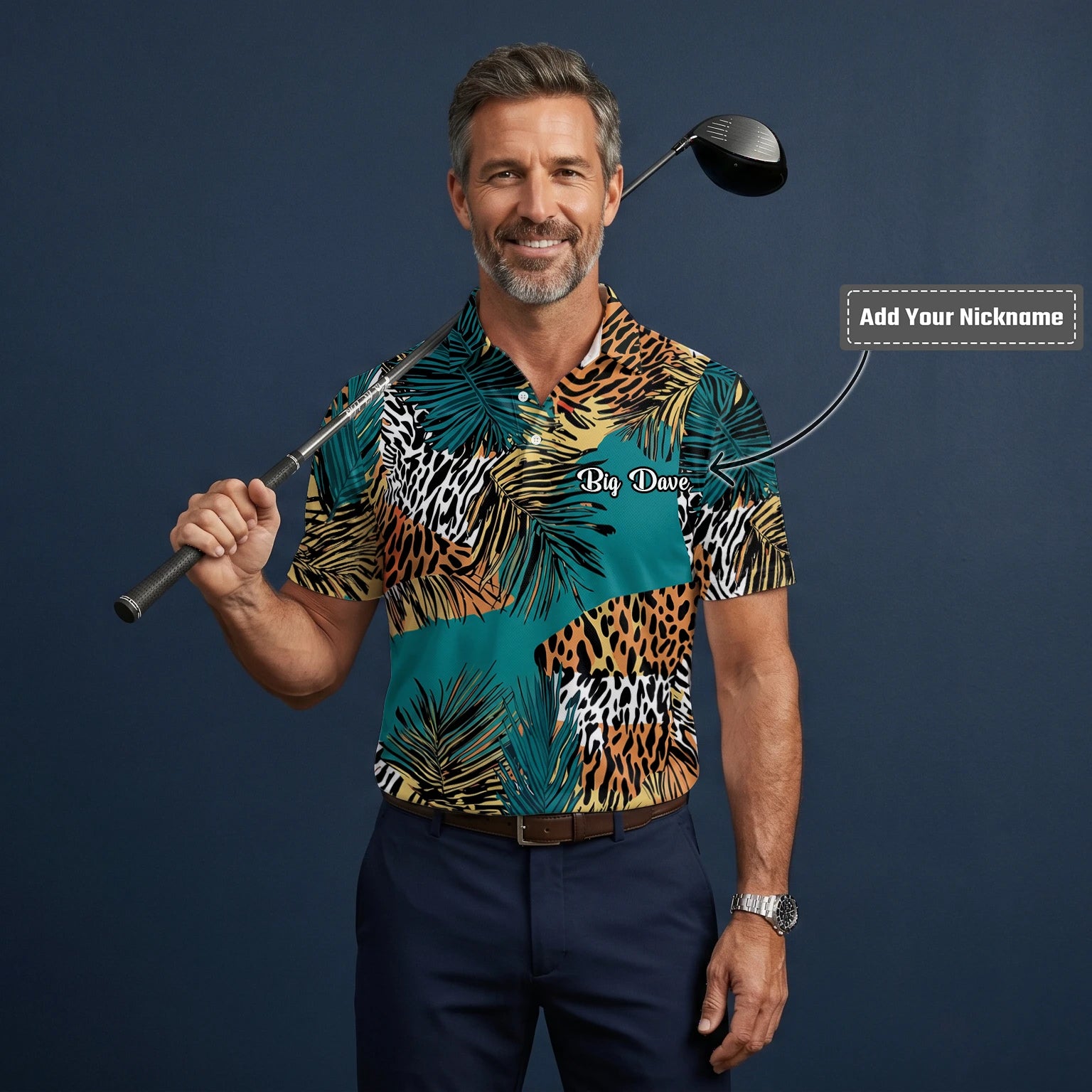 Personalised Teal Orange Tropical Palm Animal Print Golf Polo Shirt For Men A7122