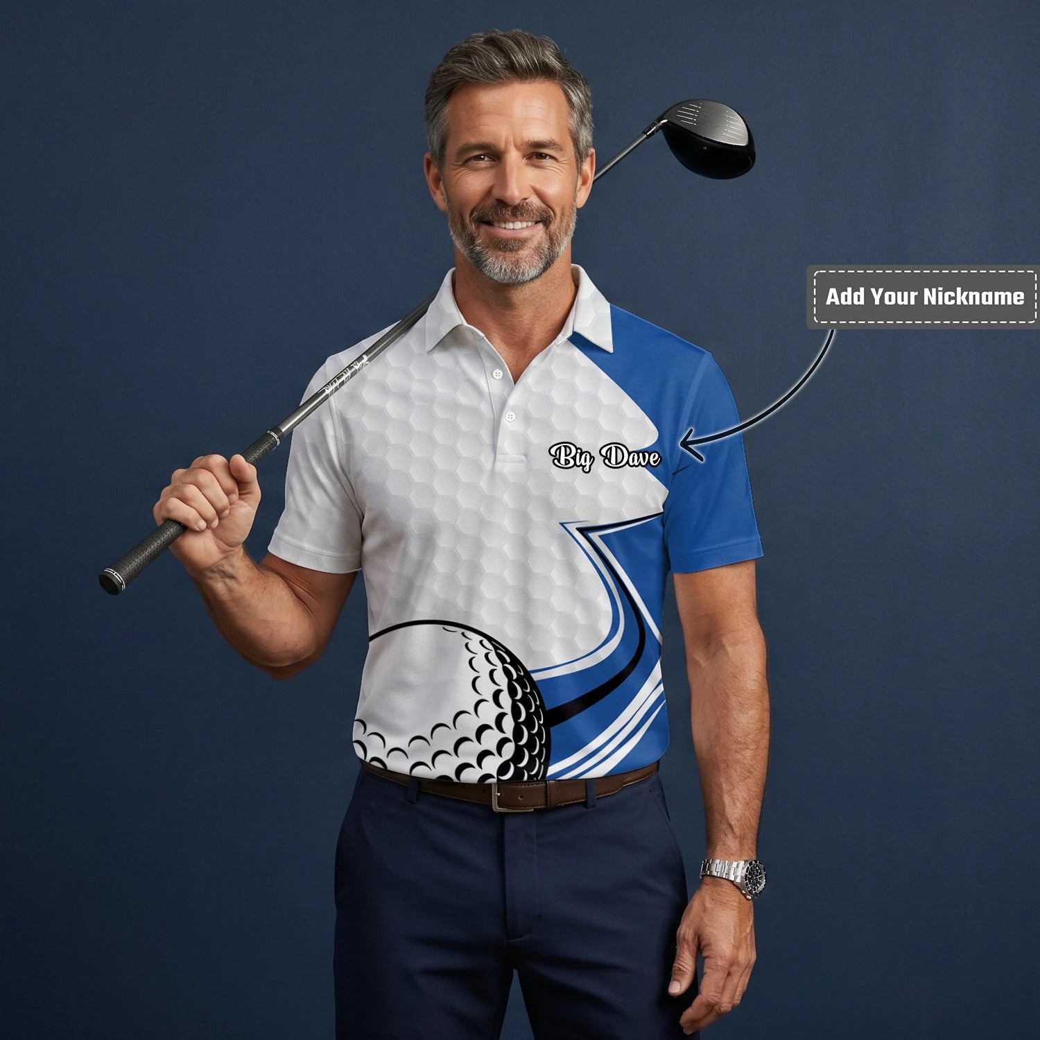 Personalised White Blue Golf Ball Hexagon Golf Polo Shirt For Men S7973