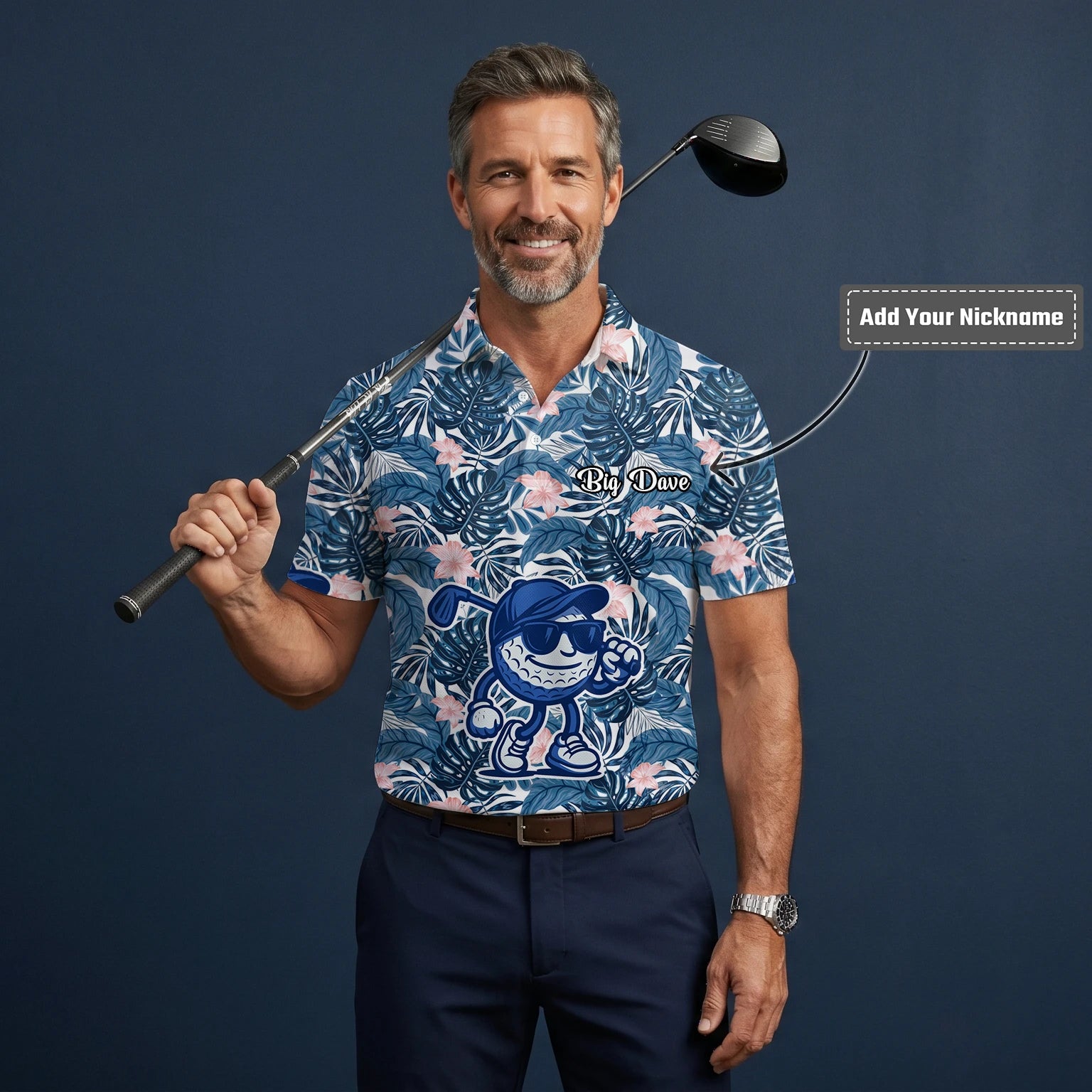 Personalised Navy Tropical Leaf Golf Ball Cartoon Golf Polo Shirt For Men I7191