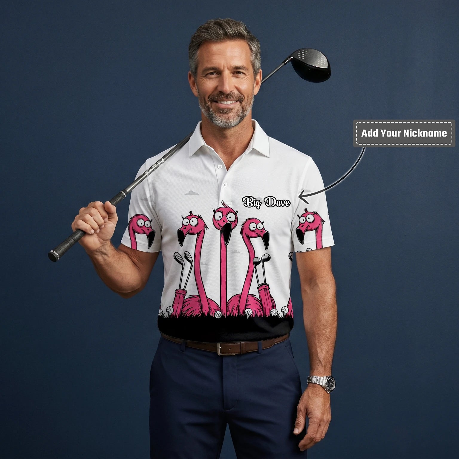 Personalised White Pink Flamingo Cartoon Golf Polo Shirt For Men I6113