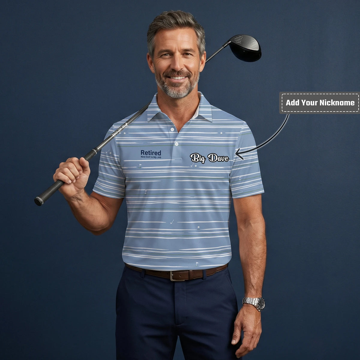 Personalised Powder Blue White Abstract Stripe Golf Polo Shirt For Men F9706