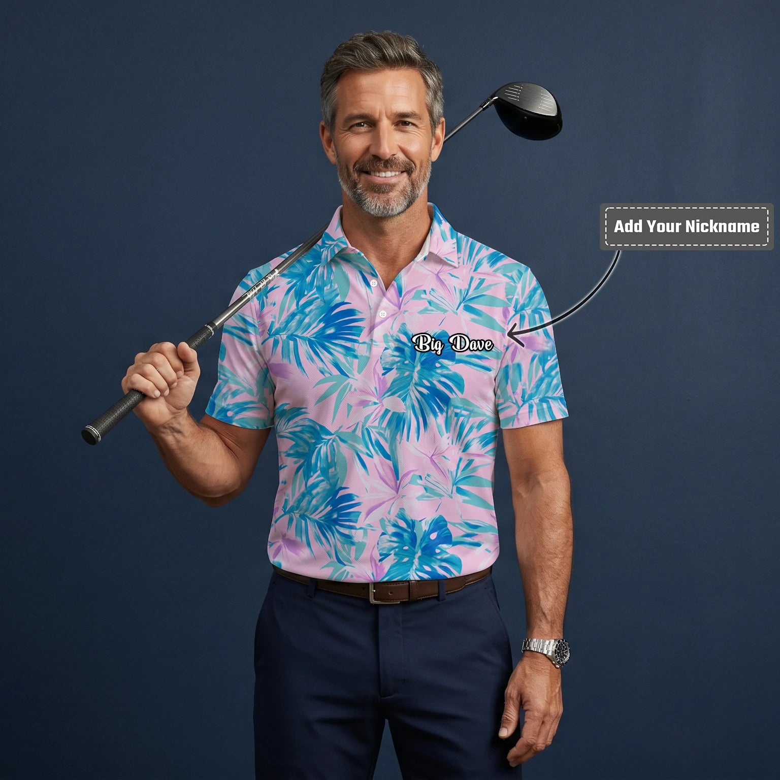 Personalised Pink Blue Tropical Leaf Golf Polo Shirt For Men K0497