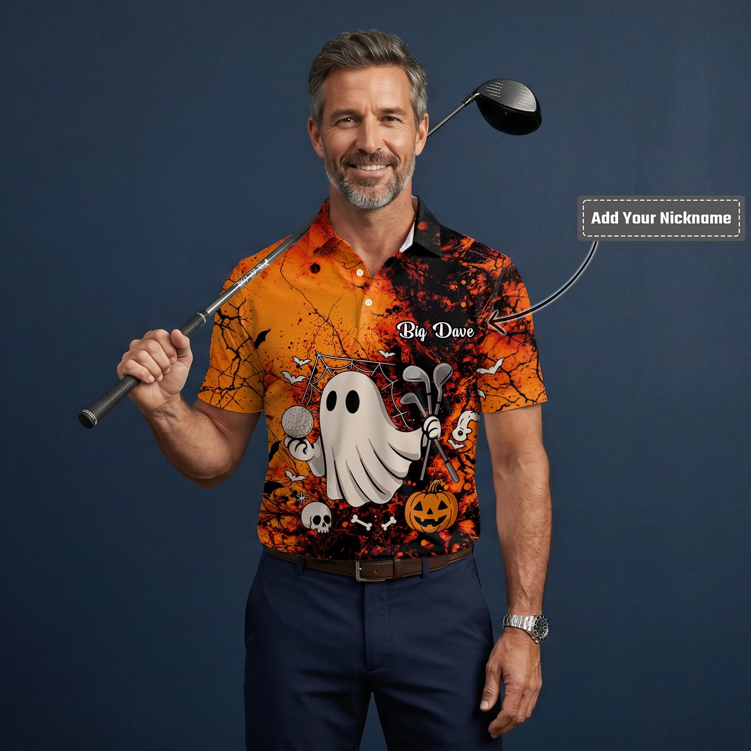 Personalised Orange Halloween Ghost Golfer Golf Polo Shirt For Men M0695