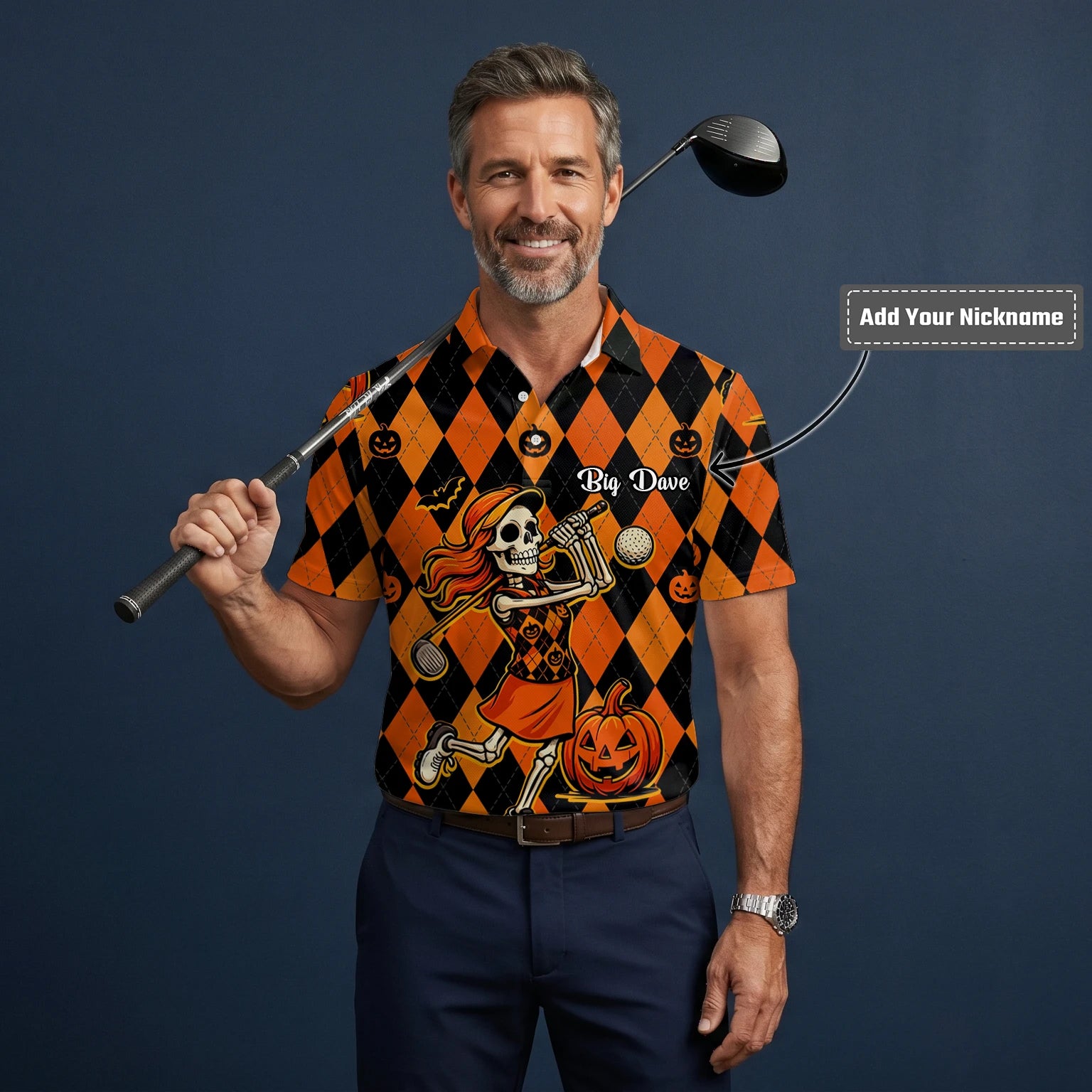 Personalised Orange Black Halloween Skeleton Golfer Pumpkin Argyle Golf Polo Shirt For Men Z9562