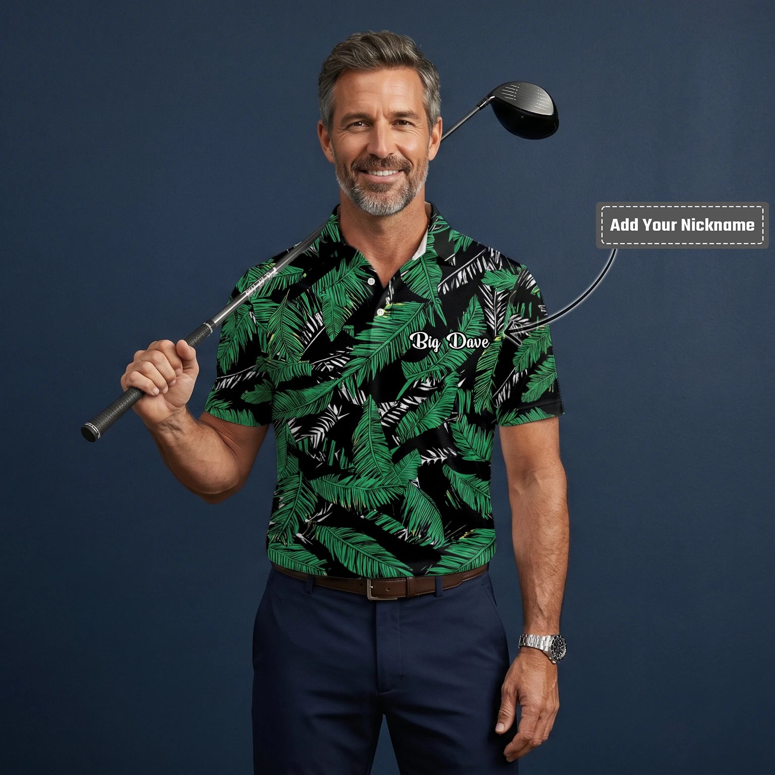 Personalised Black Green Tropical Banana Leaf Golf Polo Shirt For Men K8023