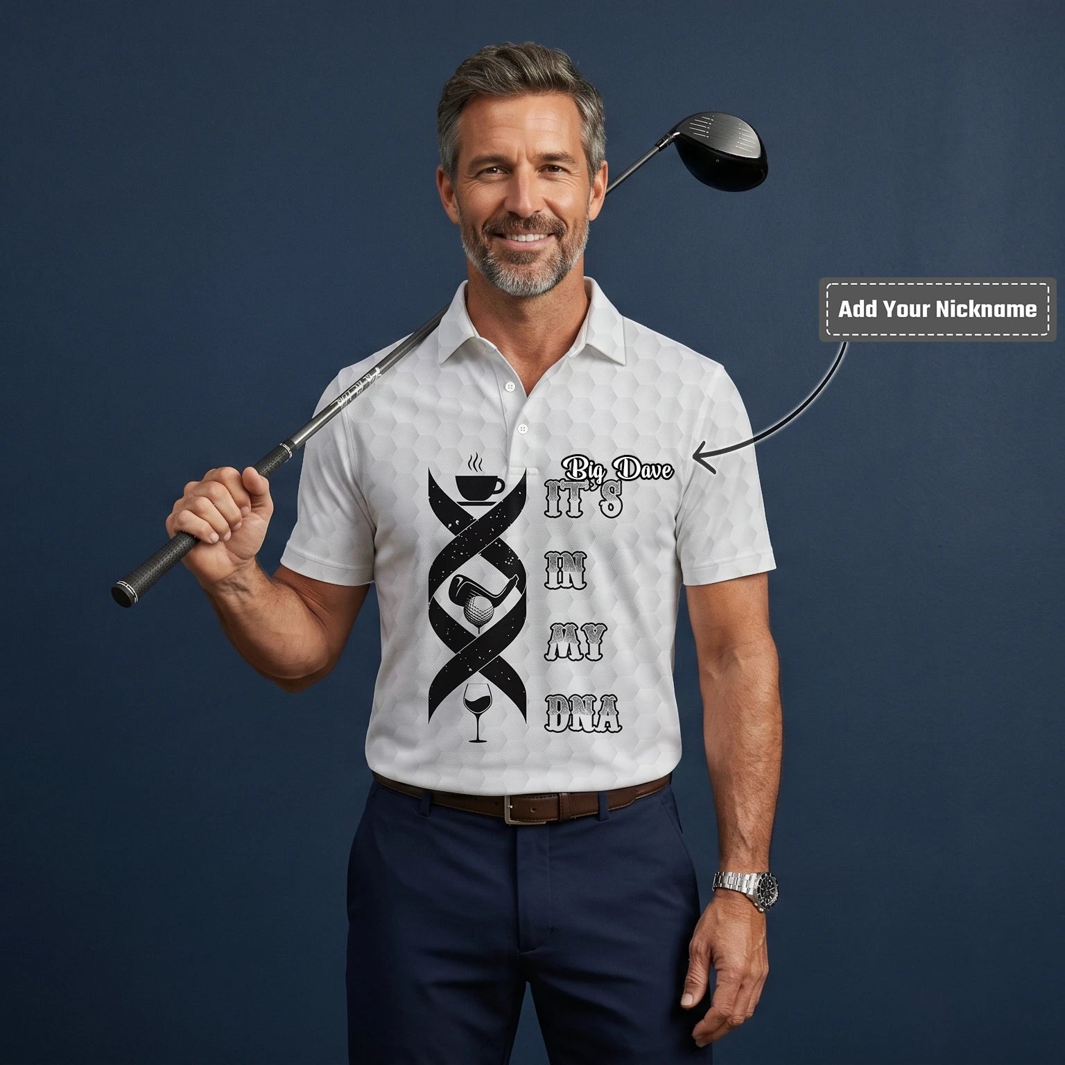 Personalised White Golf In My DNA Slogan Golf Polo Shirt For Men W3018