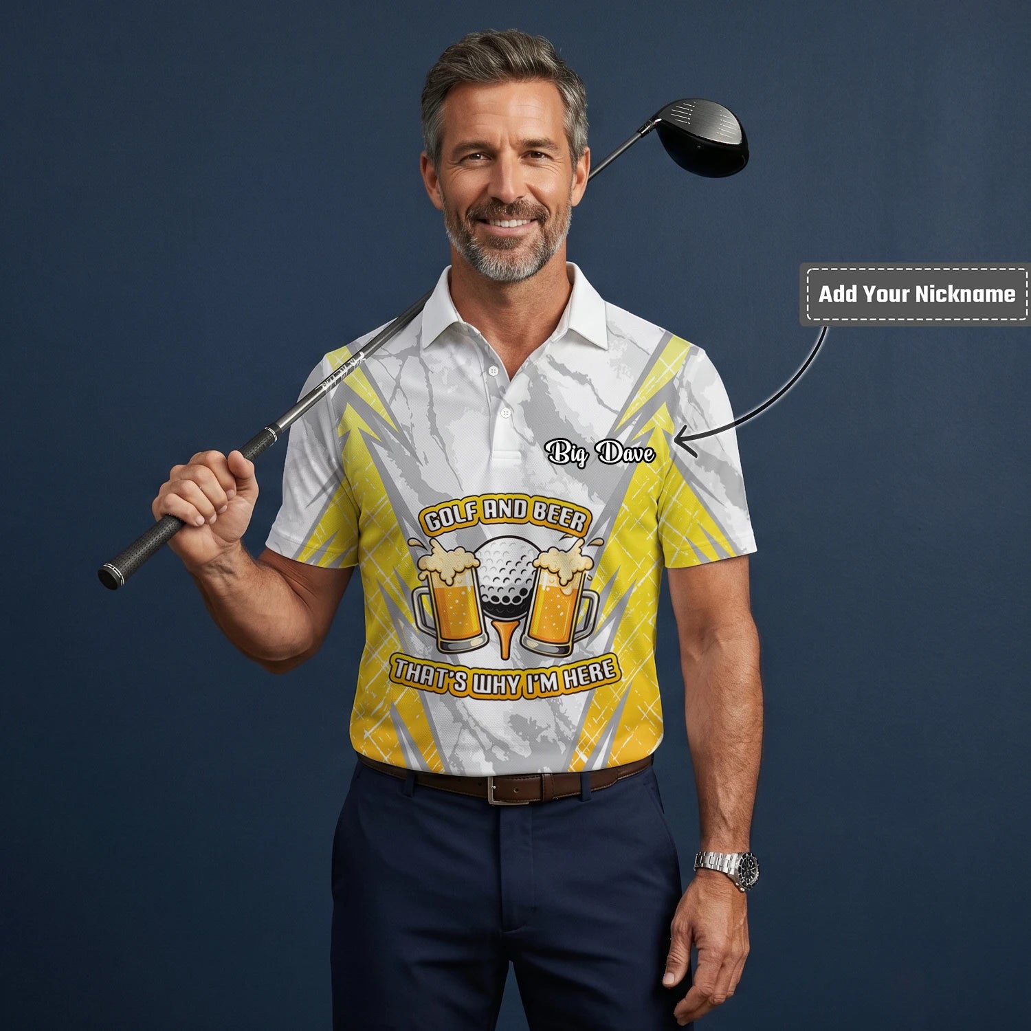 Personalised Grey Yellow Golf And Beer Slogan Golf Polo Shirt For Men P2319