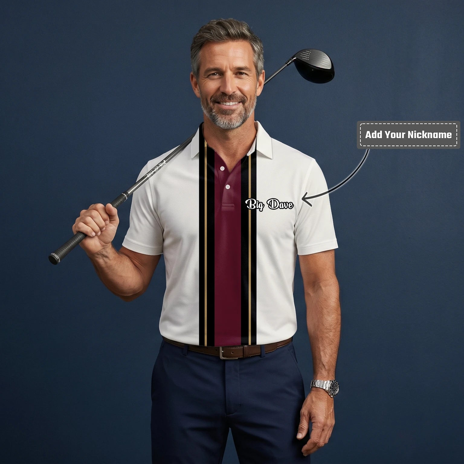 Personalised White Burgundy Black Racing Stripe Golf Polo Shirt For Men G7028