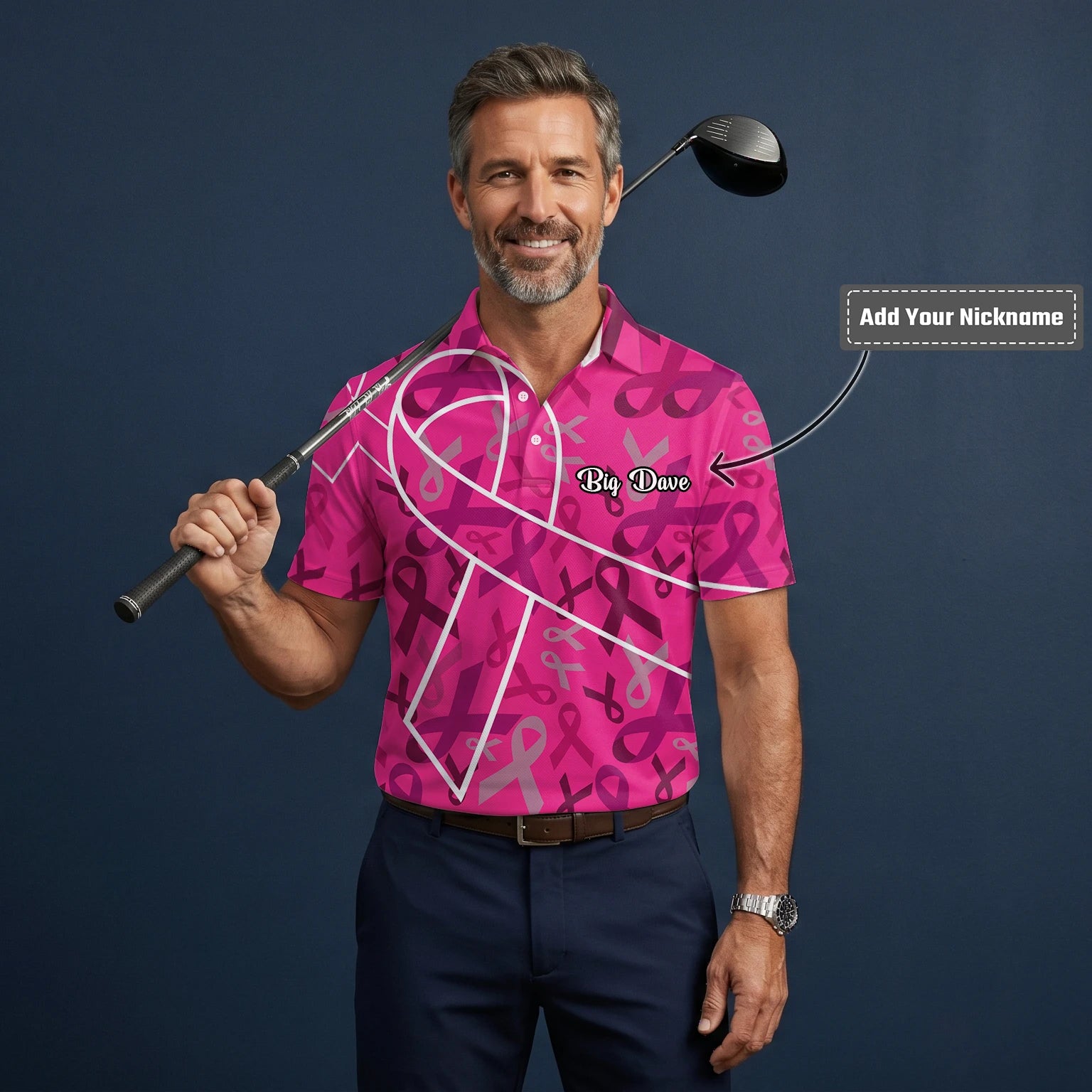 Personalised Pink Breast Cancer Awareness Ribbon Golf Polo Shirt For Men O4093