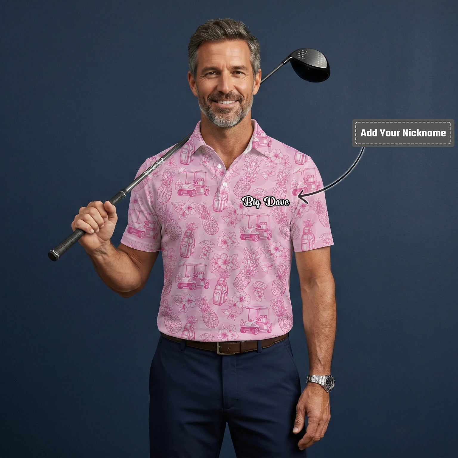 Personalised Pink Golf Cart Floral Toile Golf Polo Shirt For Men T8127