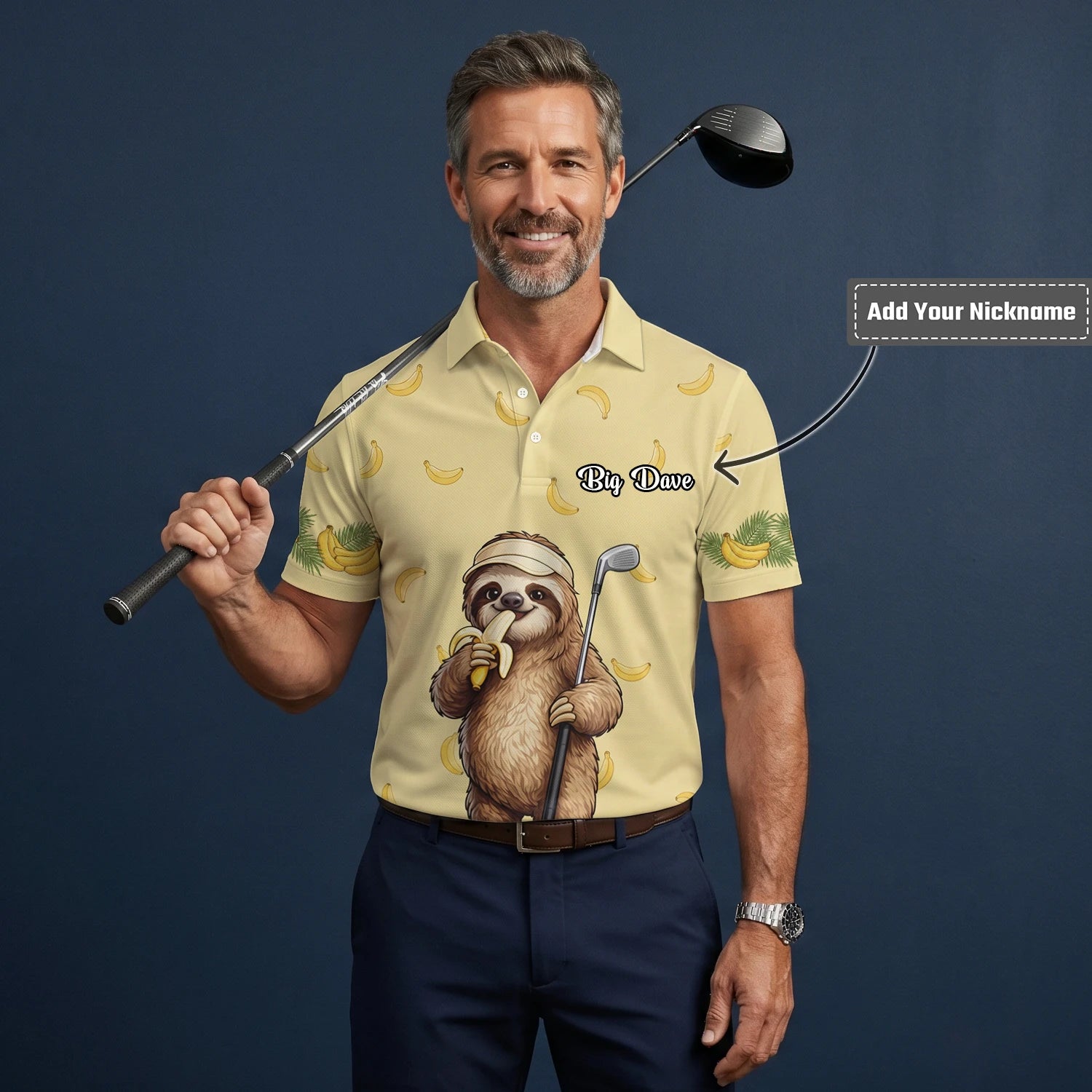 Personalised Pale Yellow Sloth Banana Golfer Cartoon Golf Polo Shirt For Men G3327