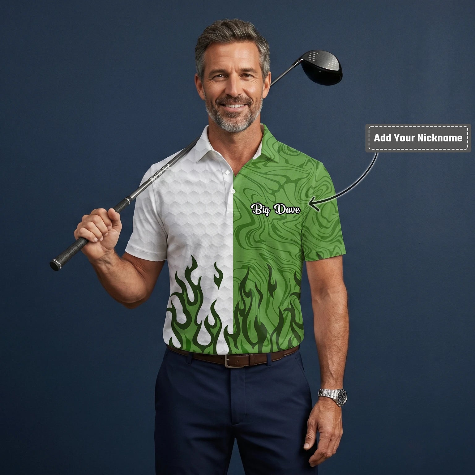 Personalised White Green Flame Marble Golf Polo Shirt For Men D2353