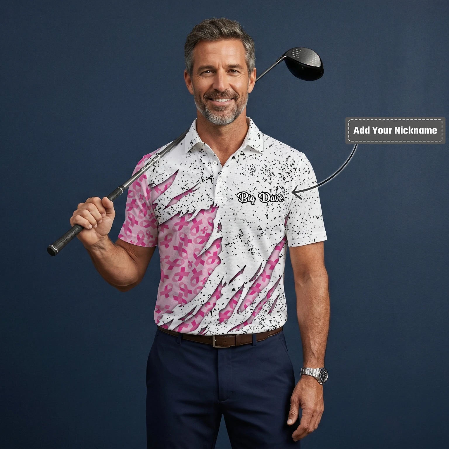 Personalised White Pink Breast Cancer Ribbon Torn Golf Polo Shirt For Men B7190