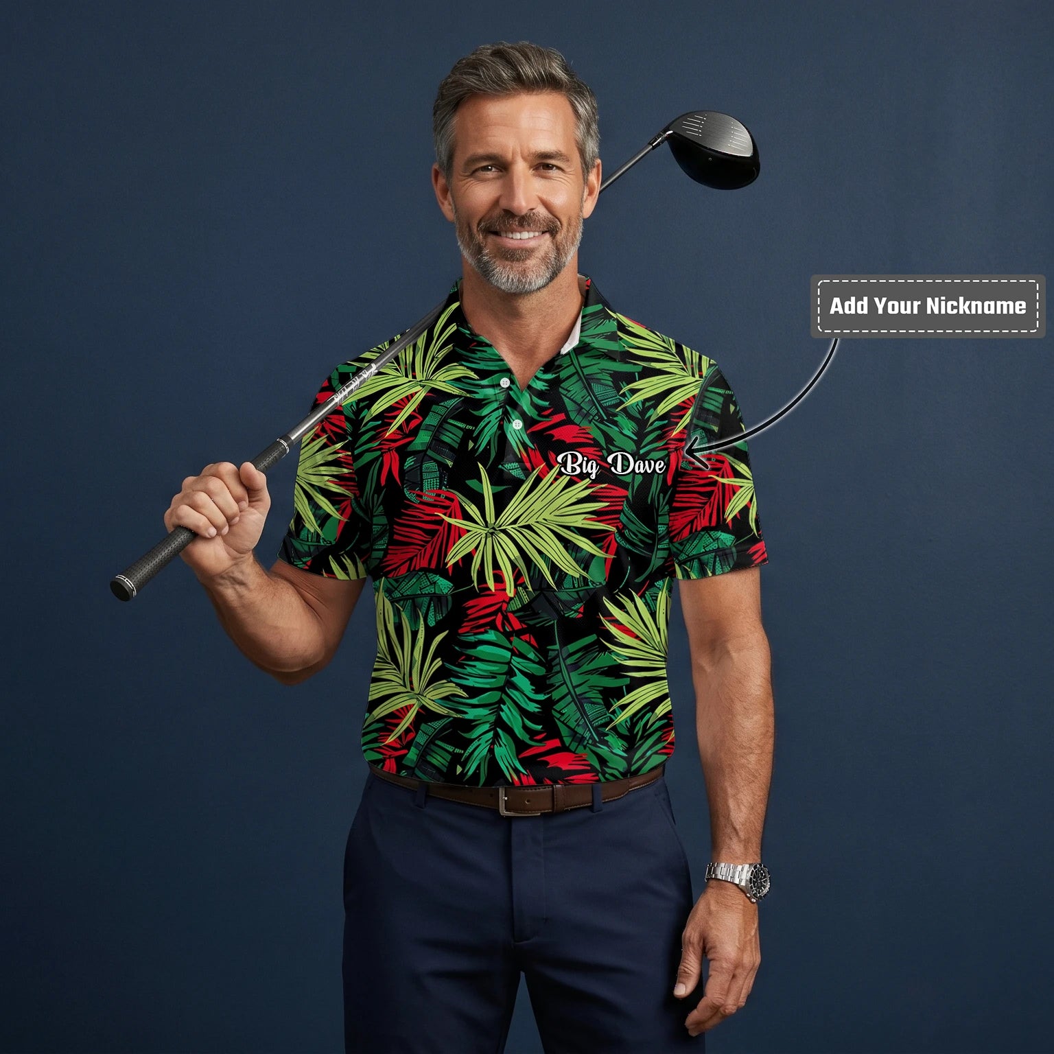 Personalised Black Green Red Tropical Leaf Golf Polo Shirt For Men U5191