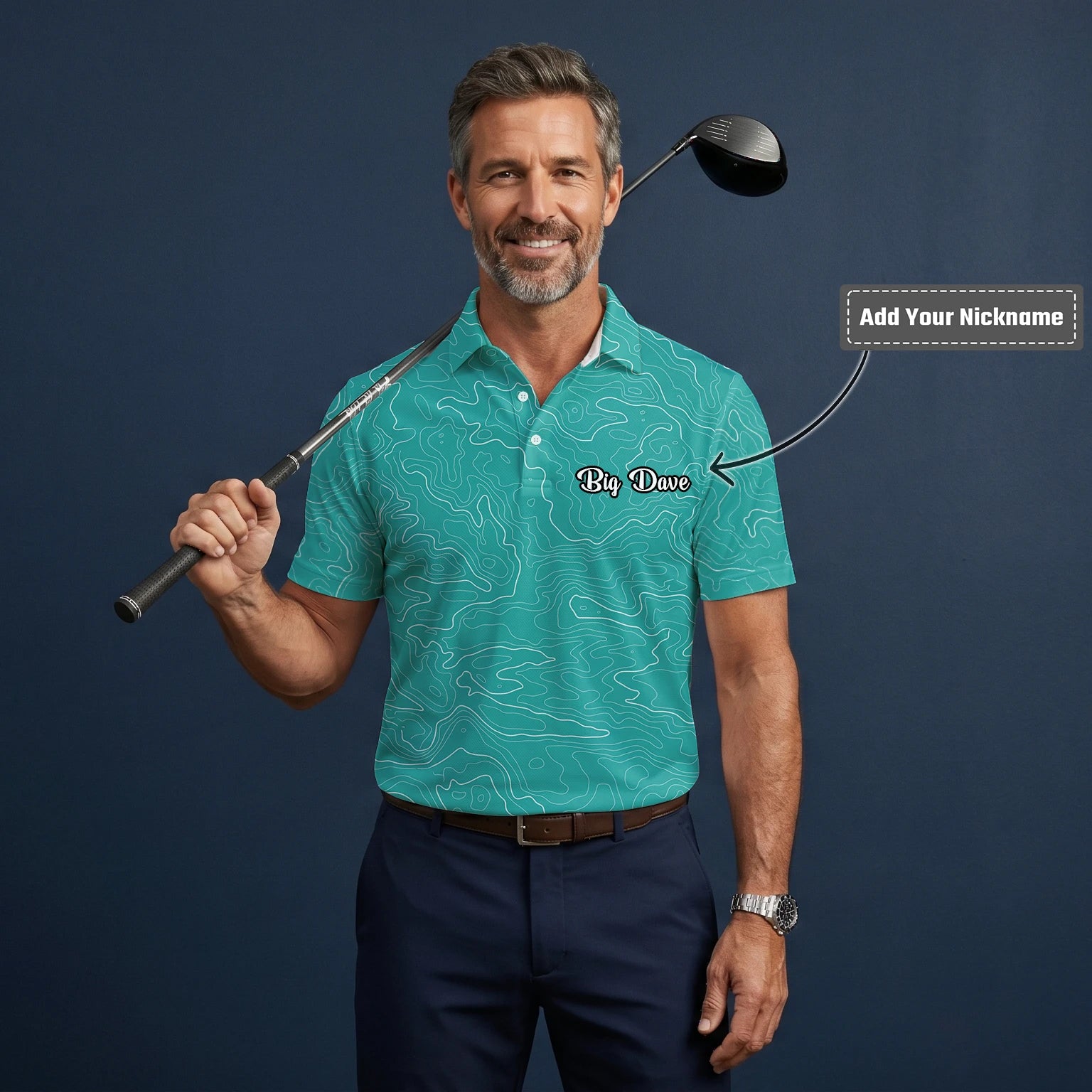Personalised Teal Topographic Contour Line Golf Polo Shirt For Men U3552