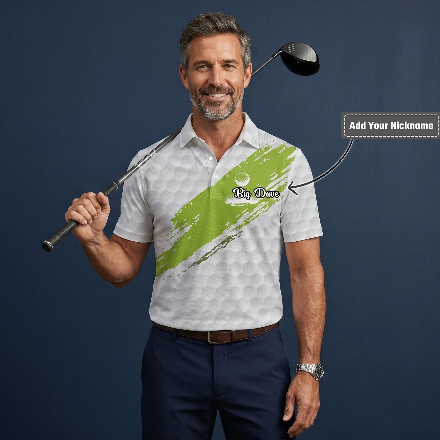 Personalised White Lime Golf Ball Texture Brush Stroke Golf Polo Shirt For Men M6914